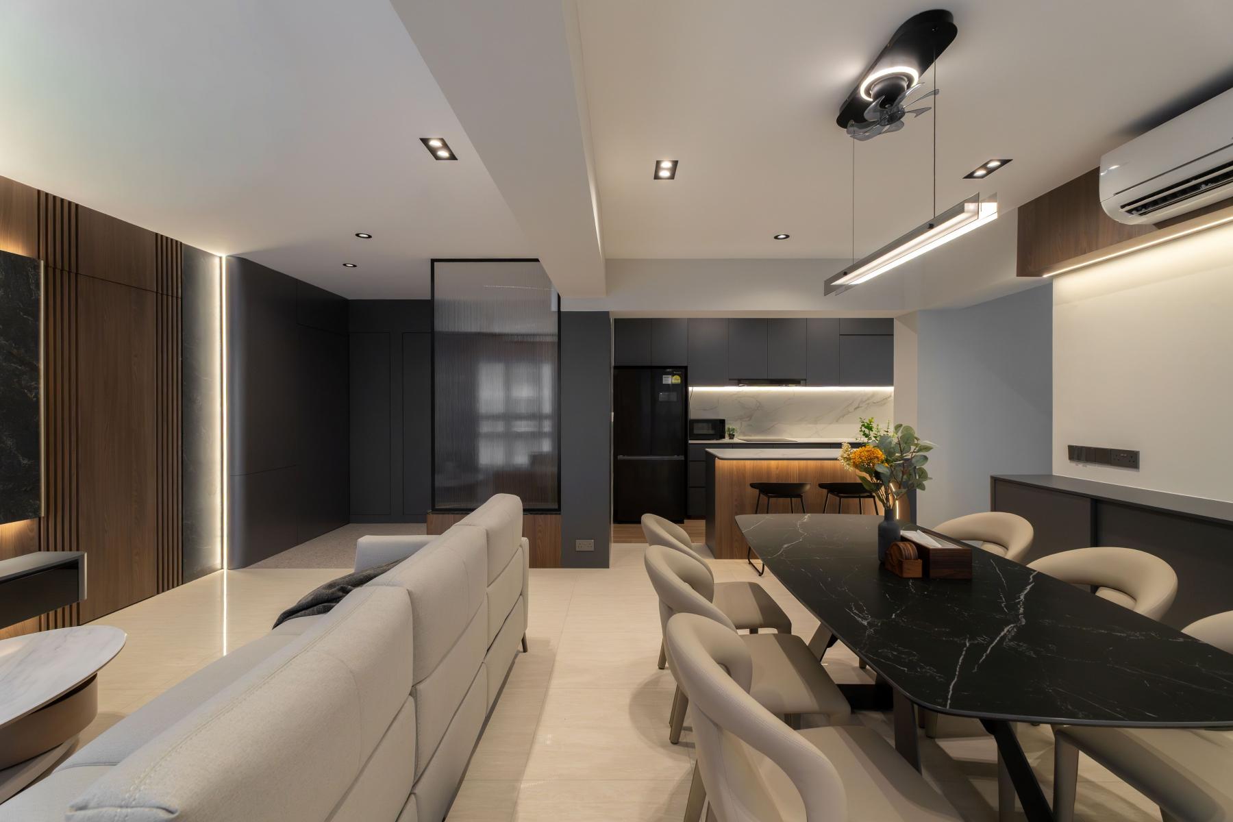 Contemporary Living Room with TV Console and Cove Lighting