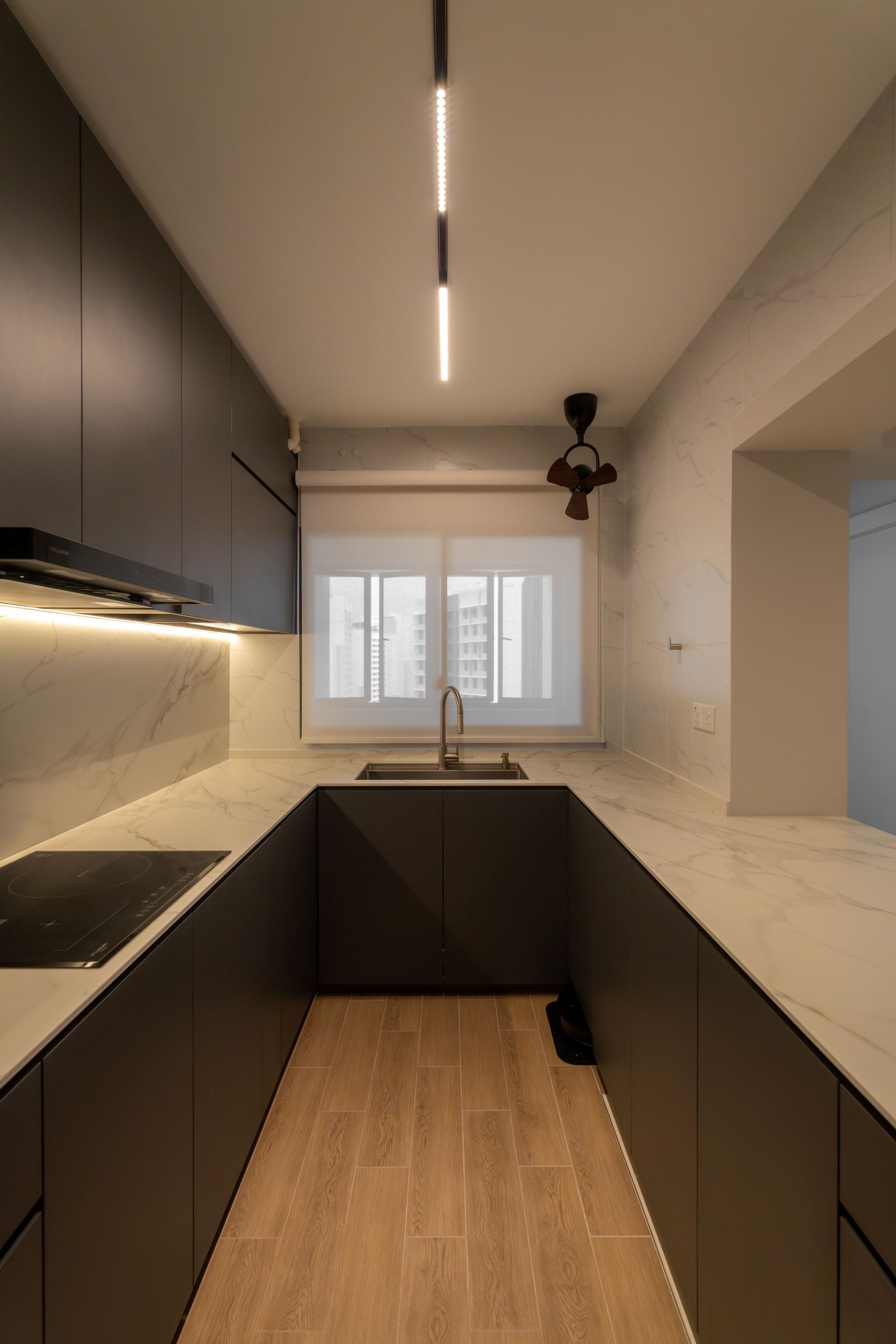 Contemporary Kitchen with Kitchen Window and Cupboard
