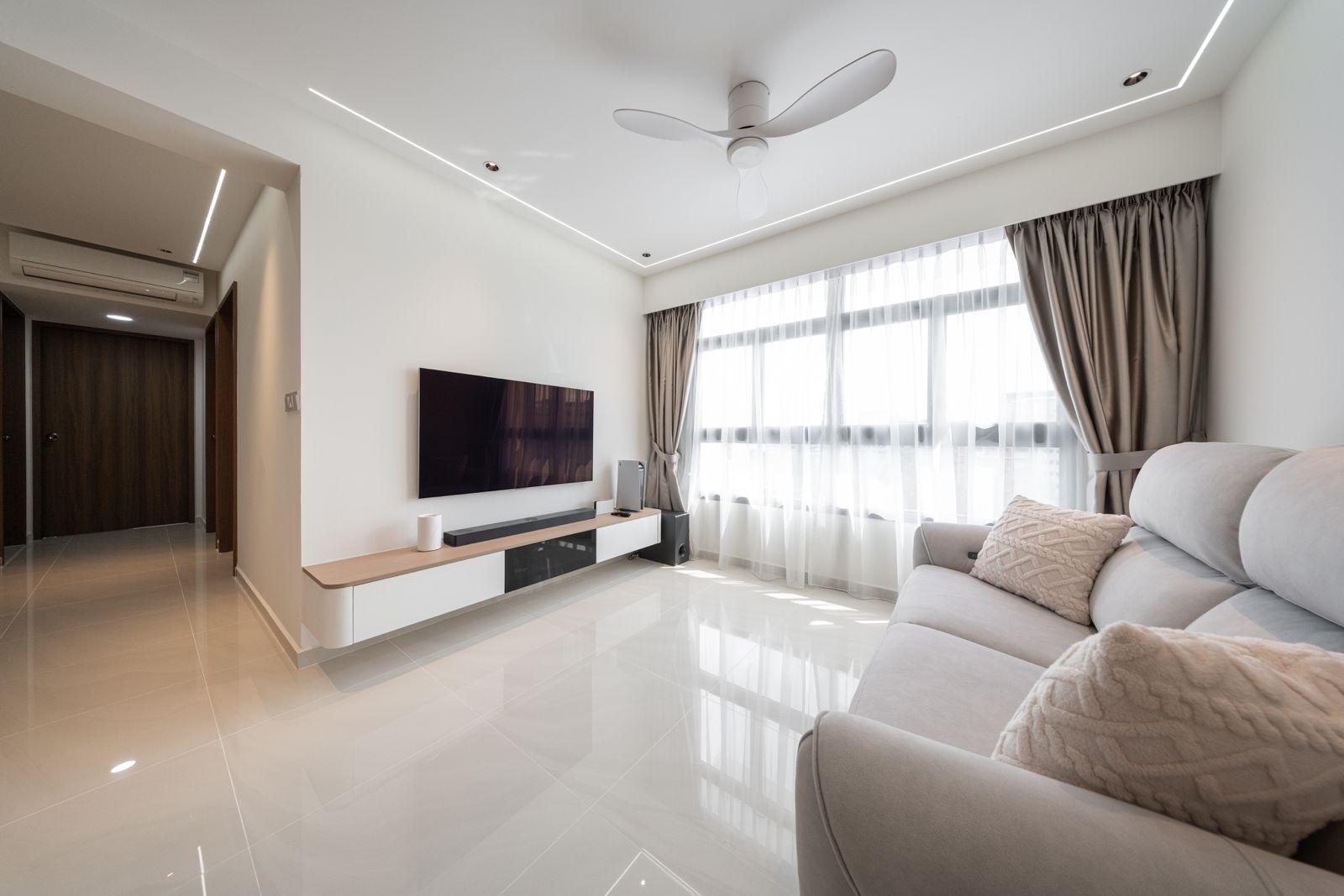 Contemporary Living Room with Homogeneous Tiles and TV Console