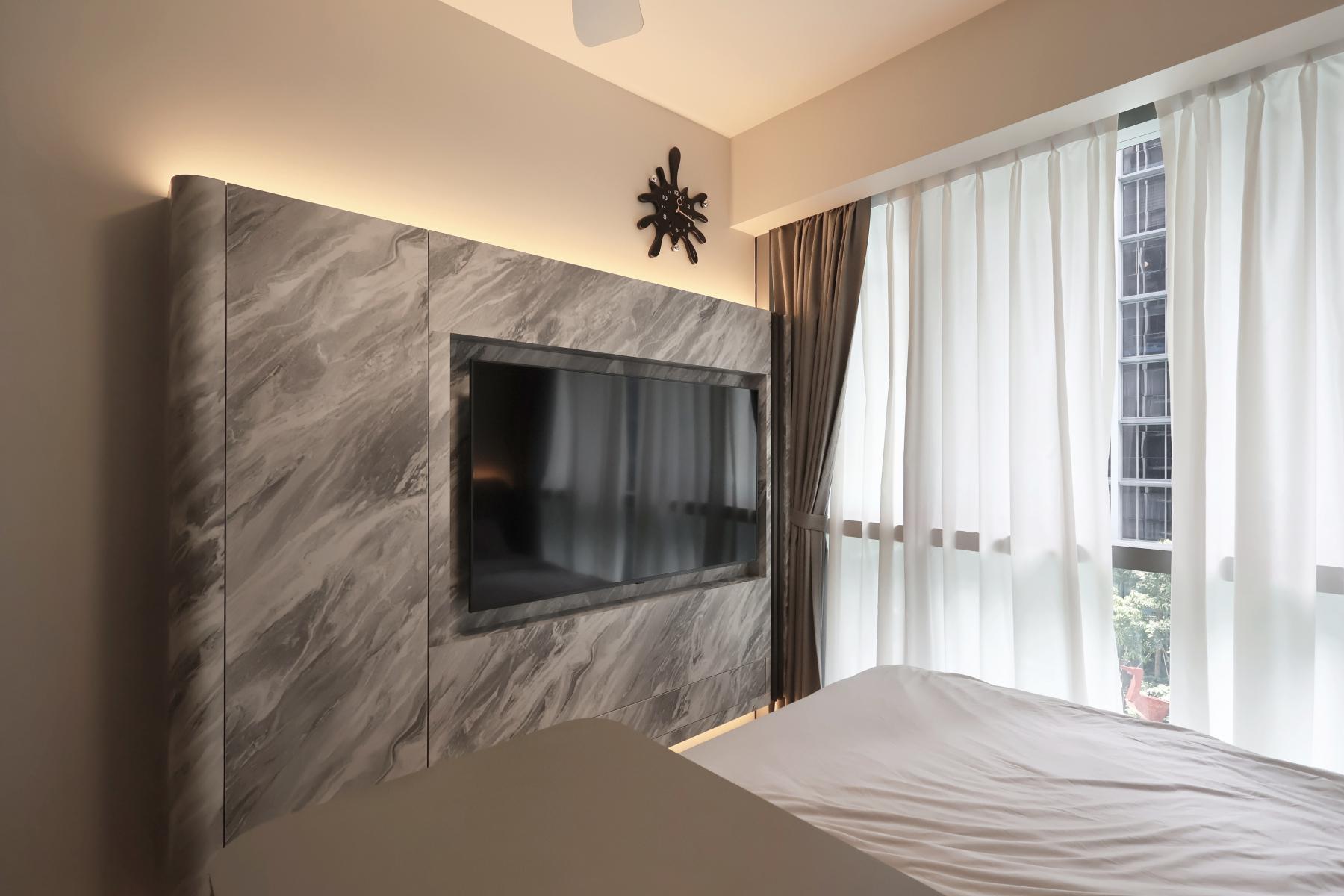 Minimalist Bedroom with Vinyl Flooring and Ceiling Light