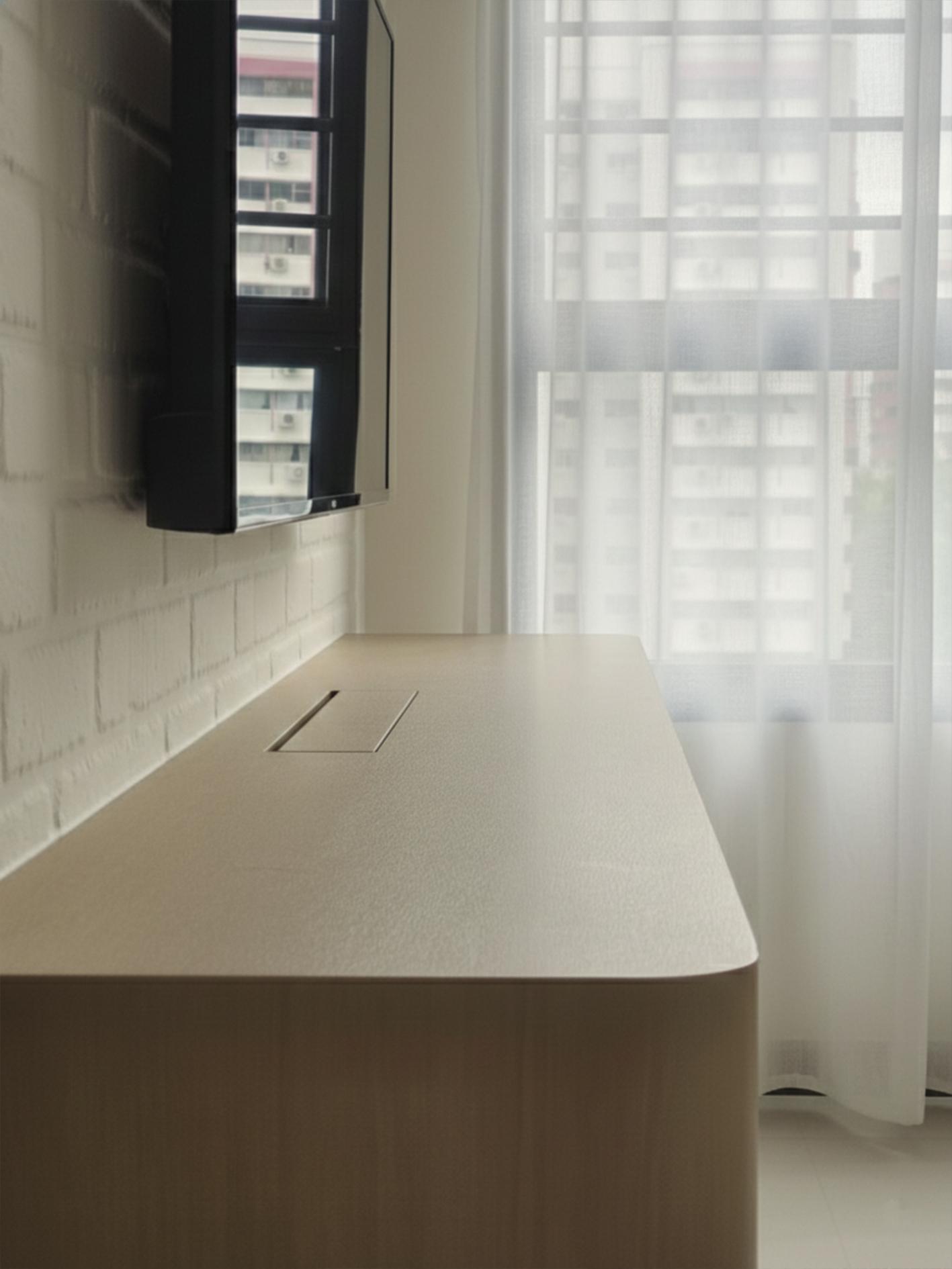 Minimalist Living Room with Homogeneous Tiles and TV Console