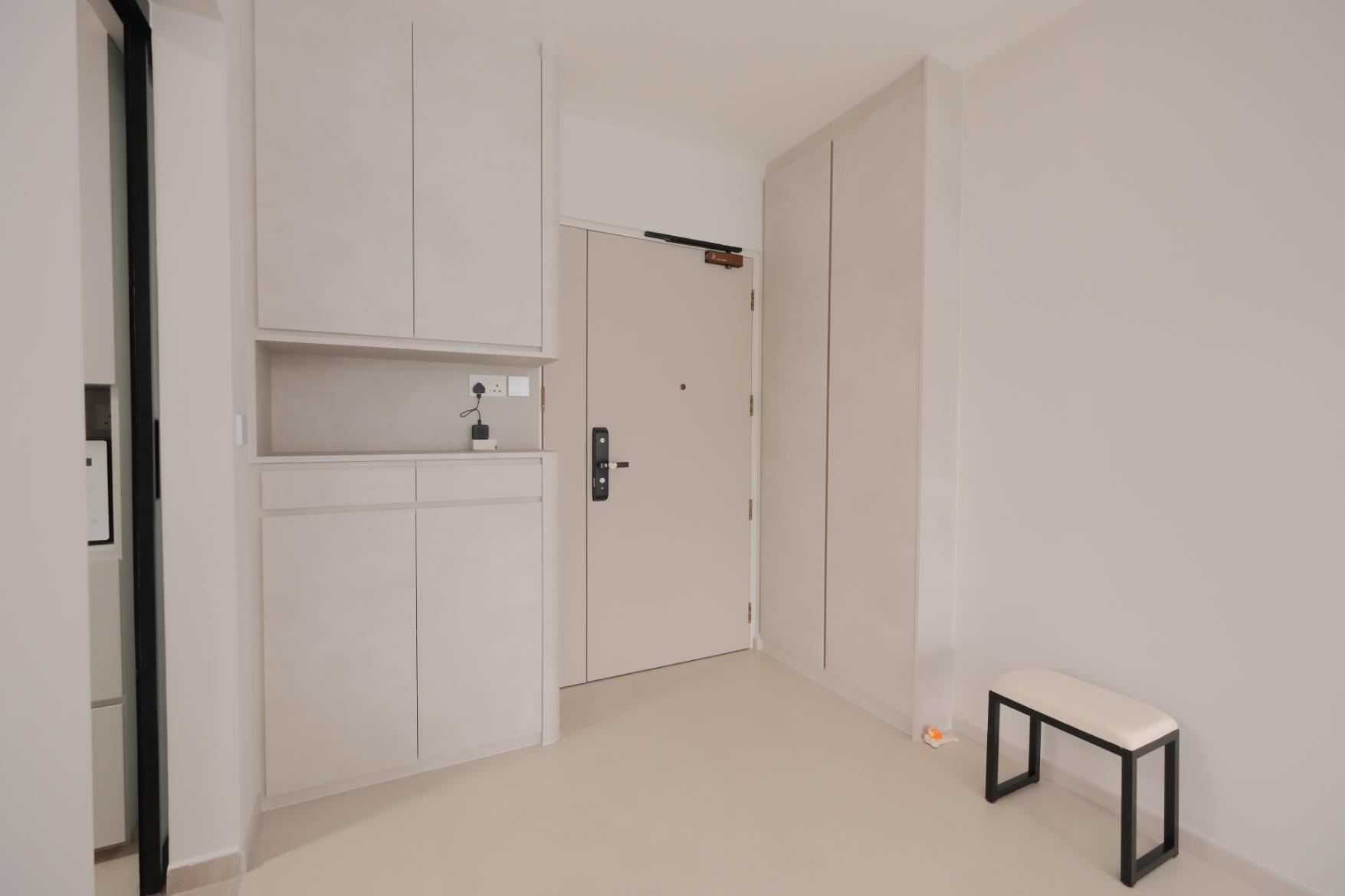 Minimalist Foyer with Shoe Rack and Shoe Cabinets