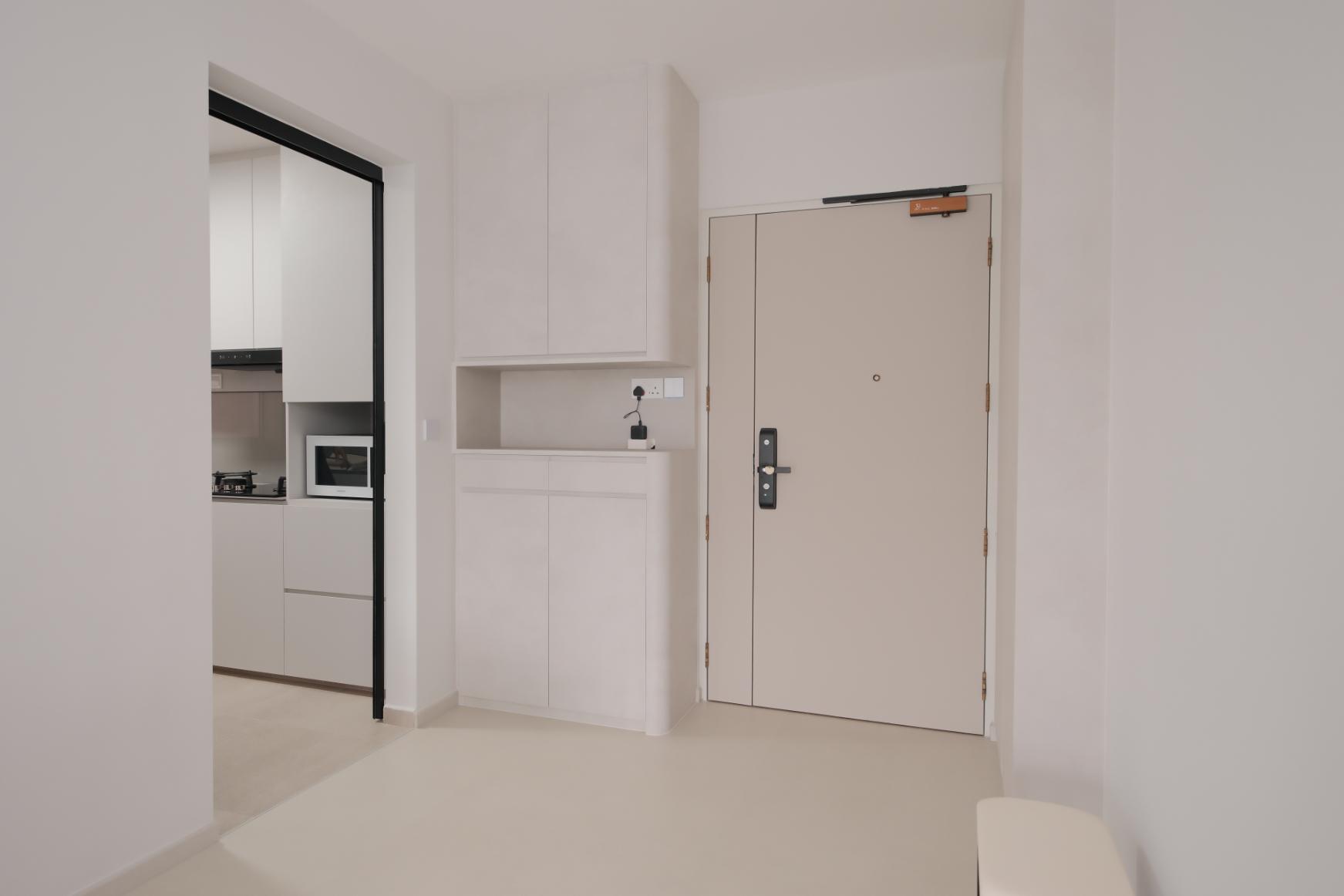 Minimalist Foyer with Shoe Rack and Shoe Cabinets