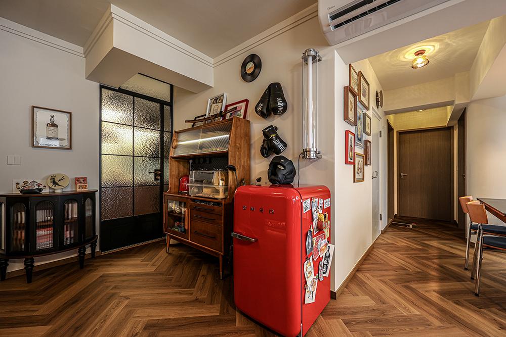 Asian Hallway with Vinyl Flooring and Artwork