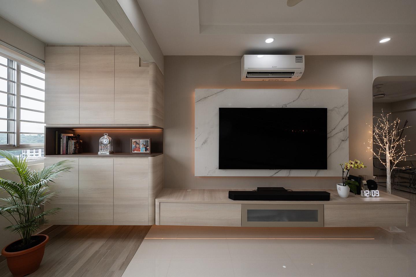 Contemporary Living Room with Countertop and Herringbone Tiling