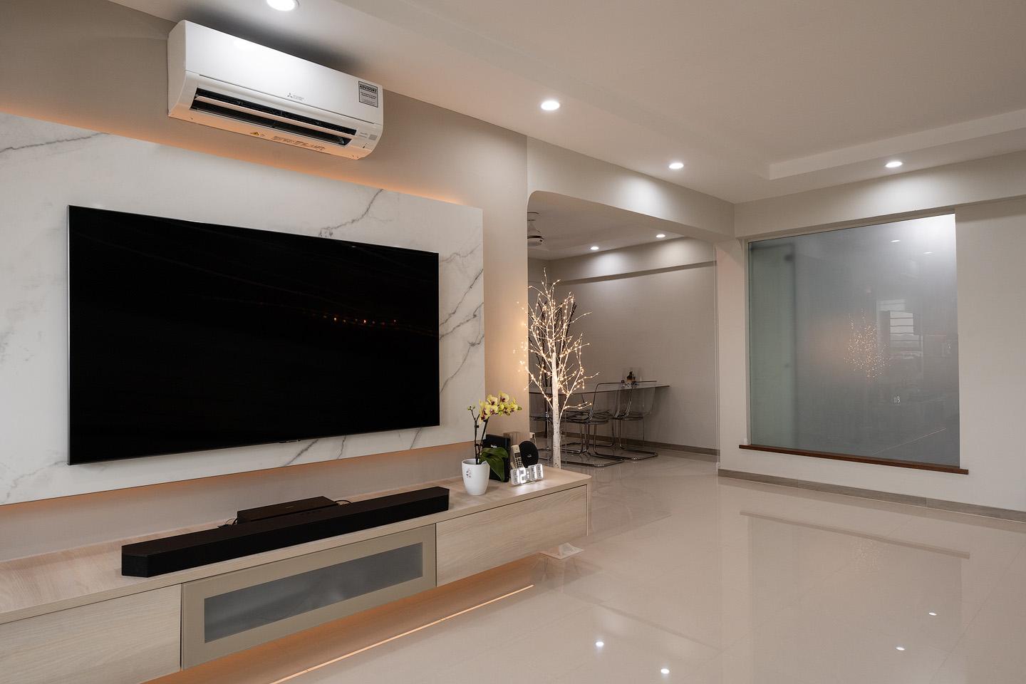 Contemporary Living Room with Granite Floor and Feature Wall