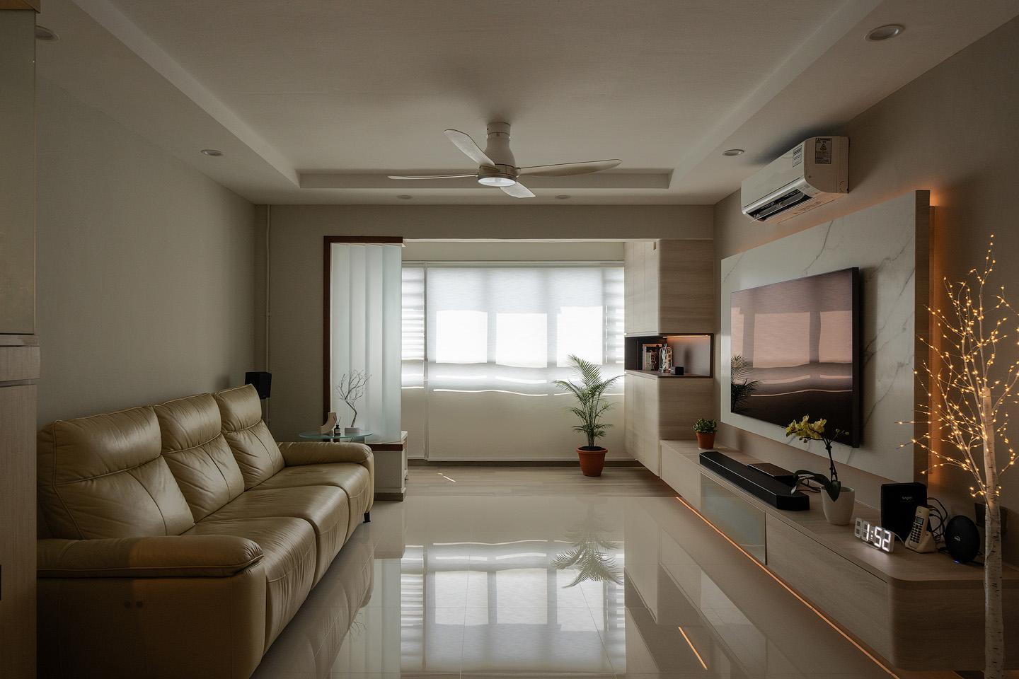 Contemporary Living Room with Countertop and Feature Wall