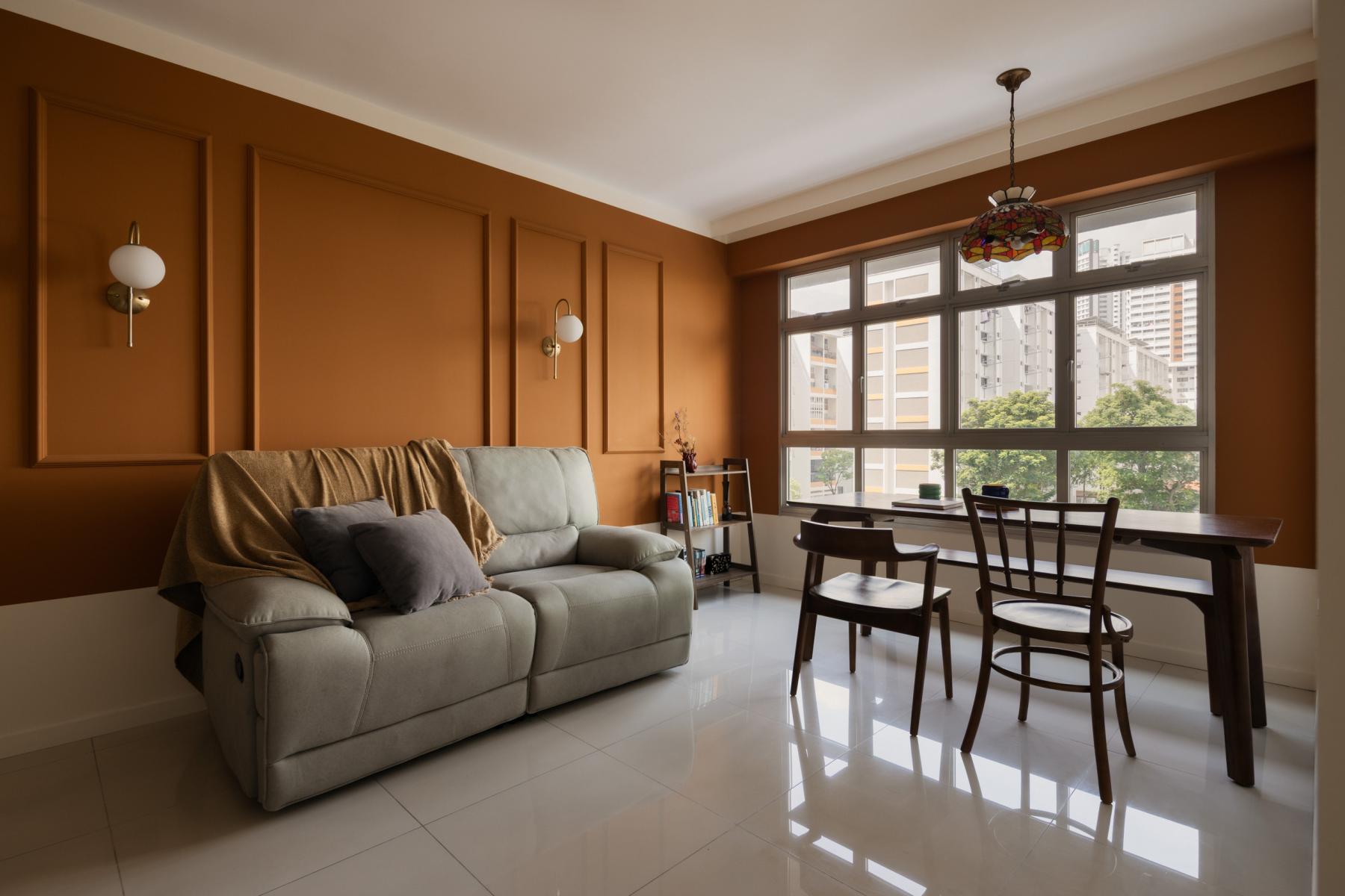 Eclectic Living Room with Bookshelf and Feature Wall