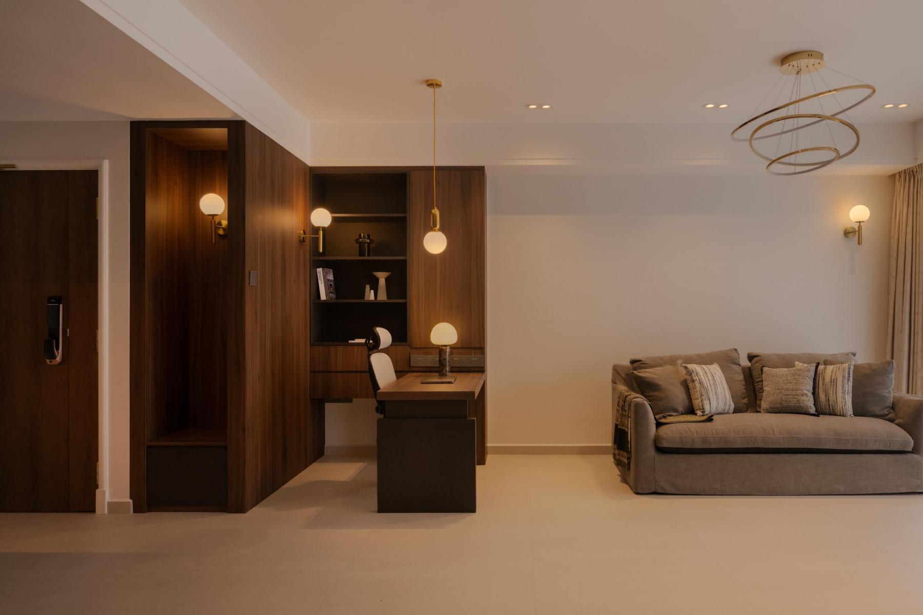 Modern Living Room with Desk and Storage Cabinets