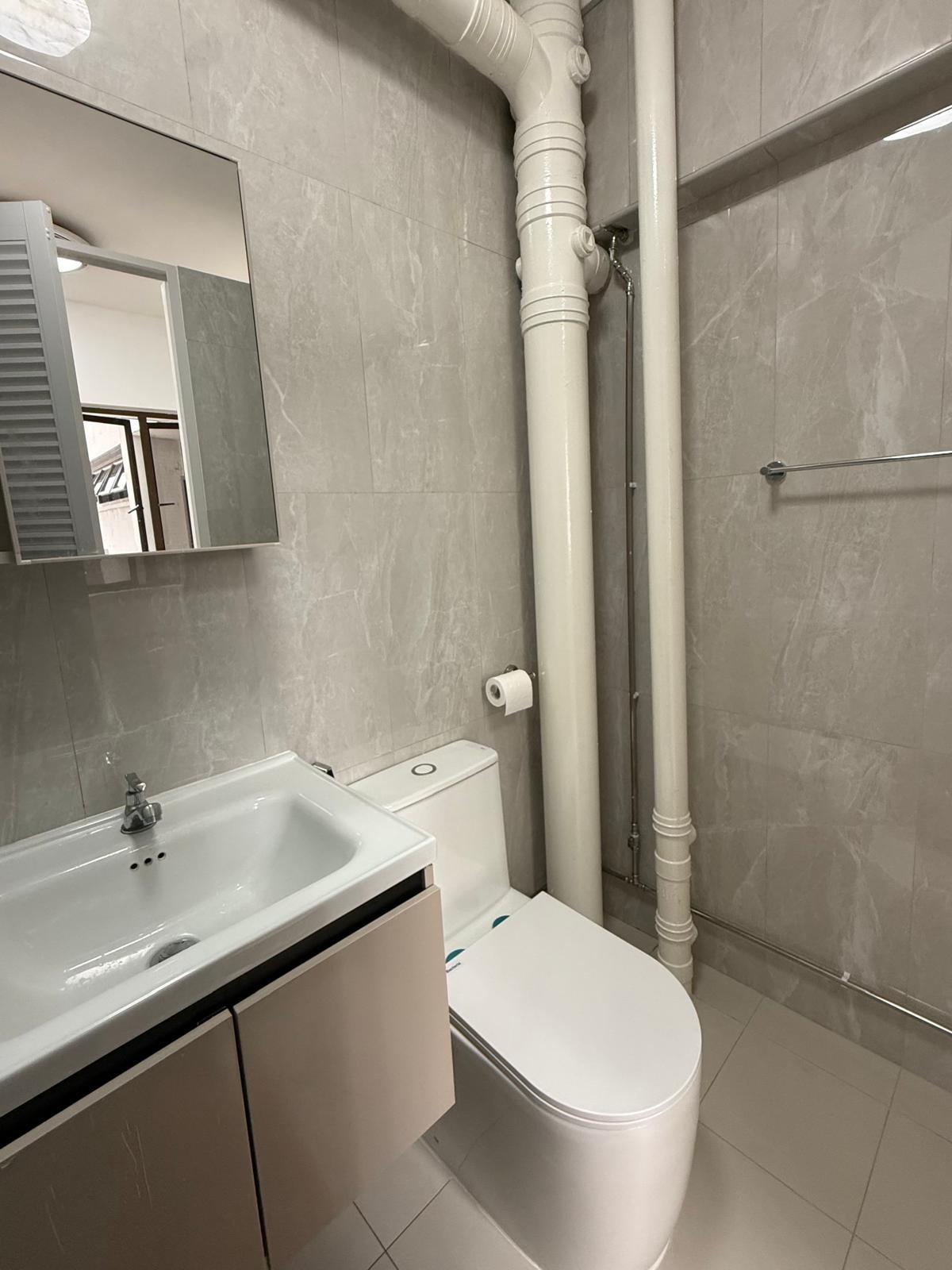 Modern Bathroom with Homogeneous Tiles and Mirror
