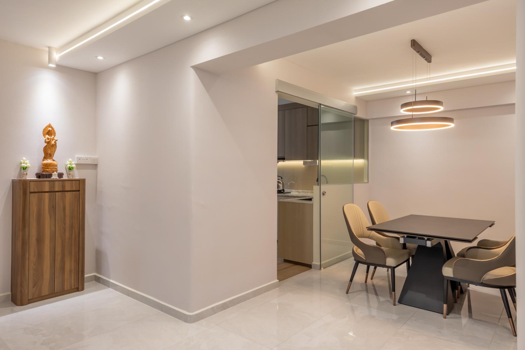 Contemporary Dining Room with Drop Light and Cove Lighting
