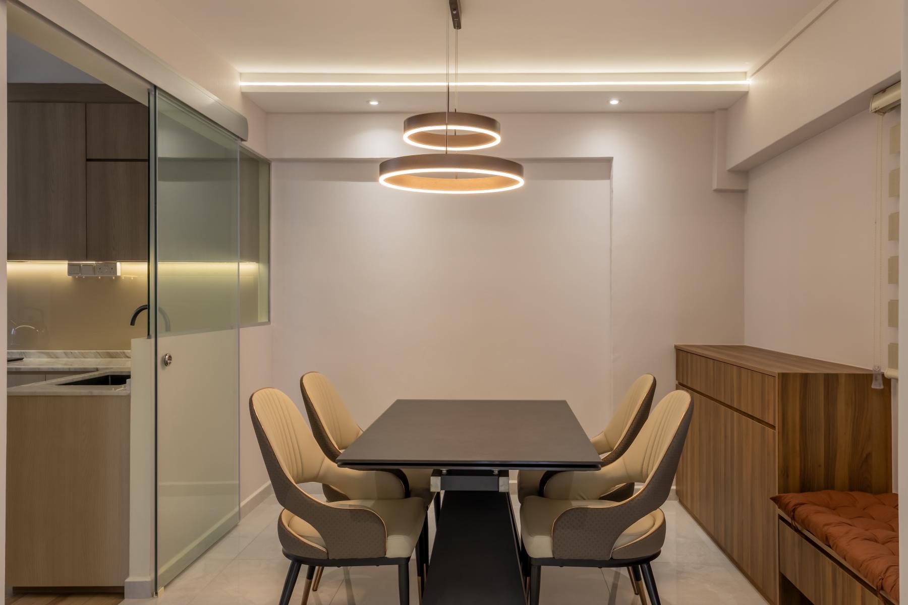 Contemporary Dining Room with Ceiling Light and Downlights