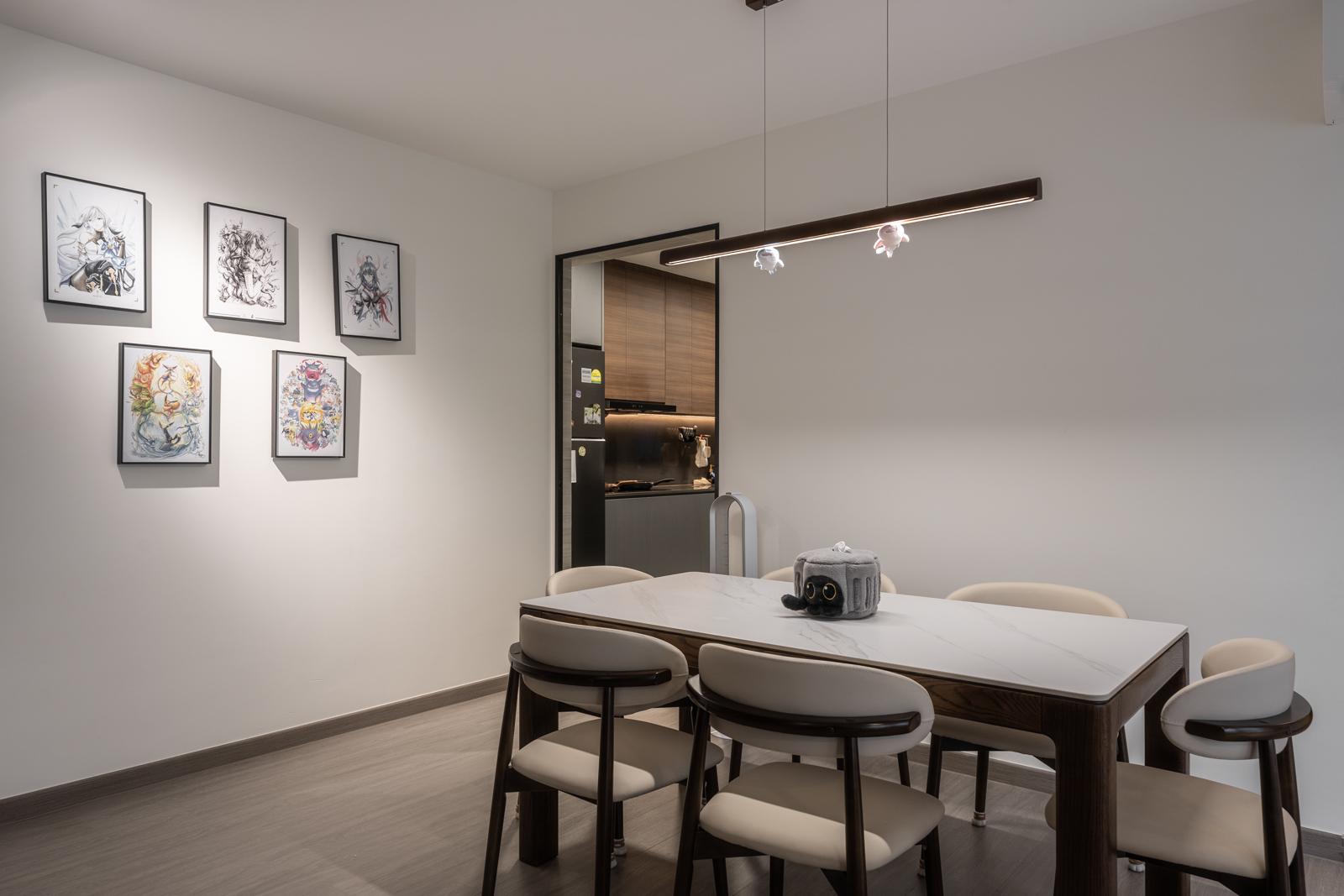 Contemporary Dining Room with Chandelier and Dining Table