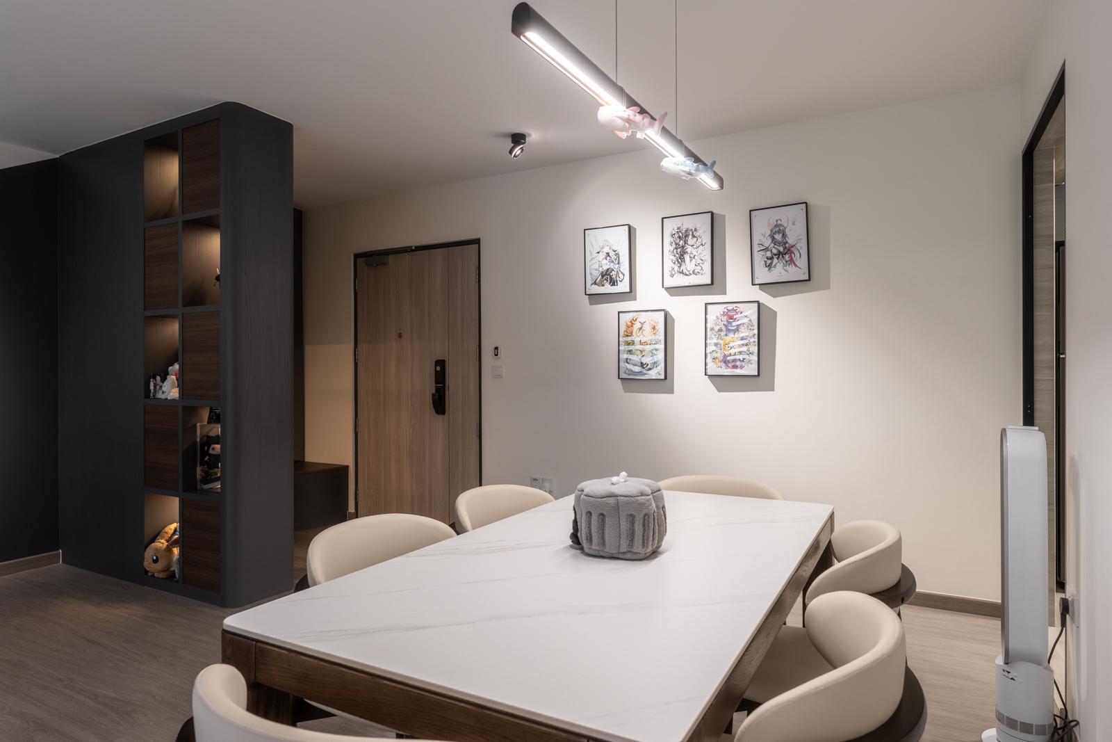Contemporary Dining Room with Drop Light and Dining Table
