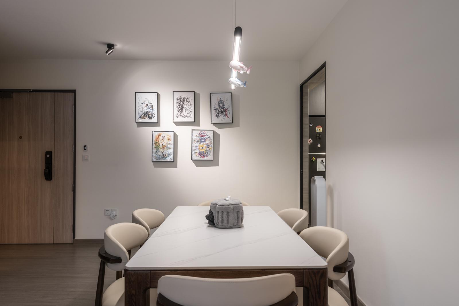 Contemporary Dining Room with Drop Light and Dining Table
