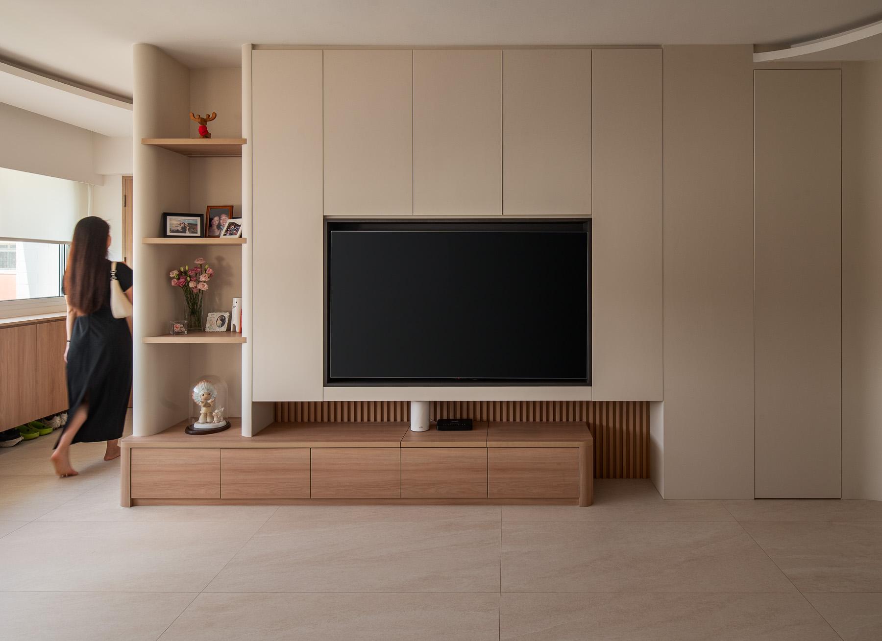 Scandinavian Living Room with TV Console and Feature Wall