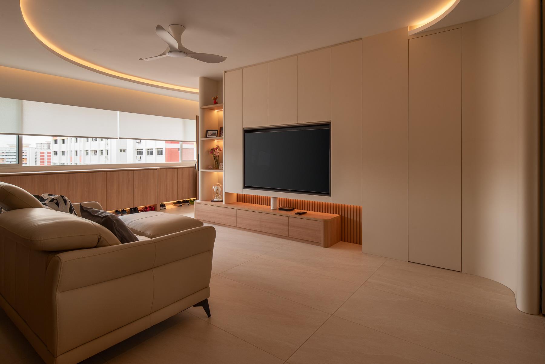 Scandinavian Living Room with TV Console and Feature Wall