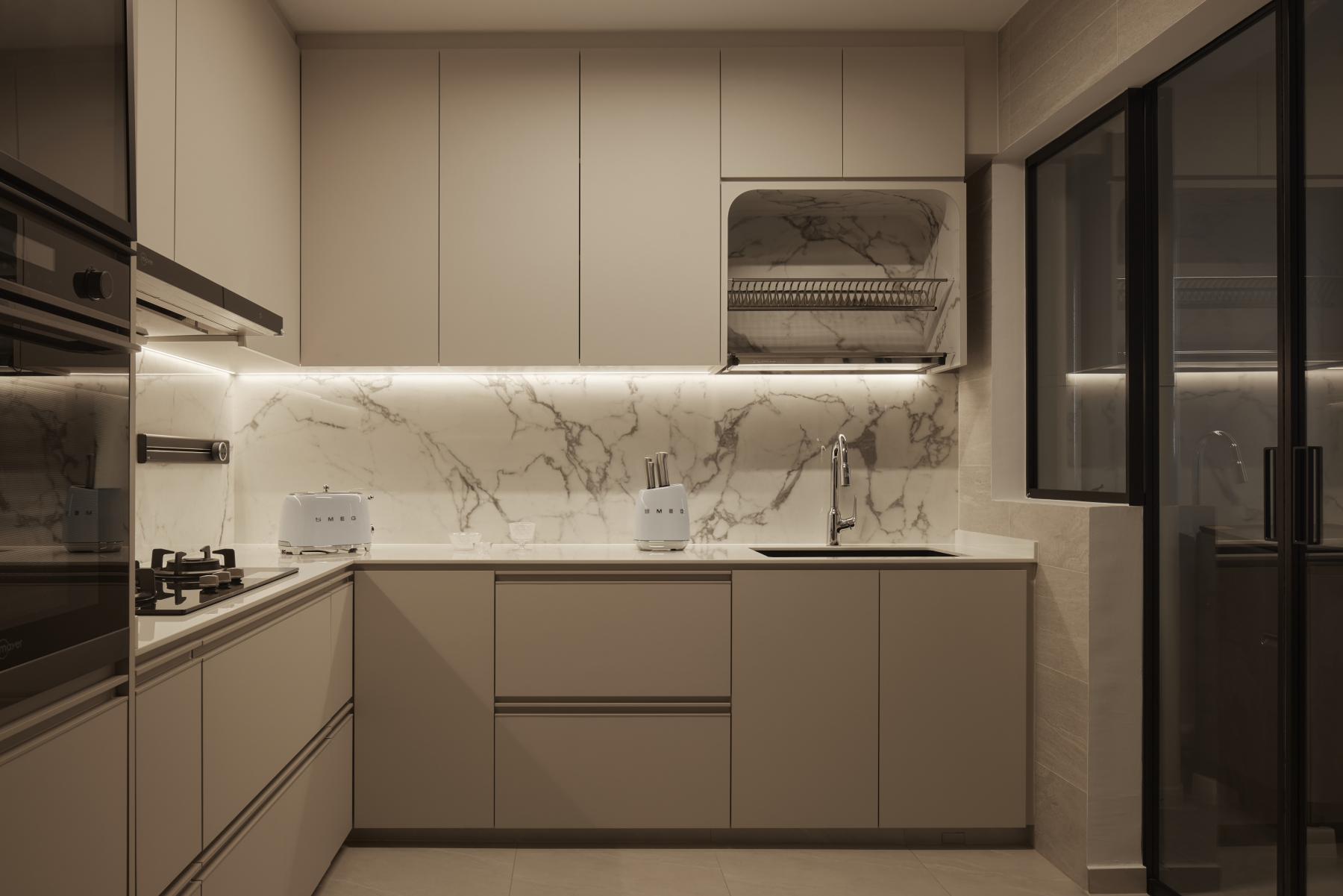 Asian Kitchen with Kitchen Island and Breakfast Counter