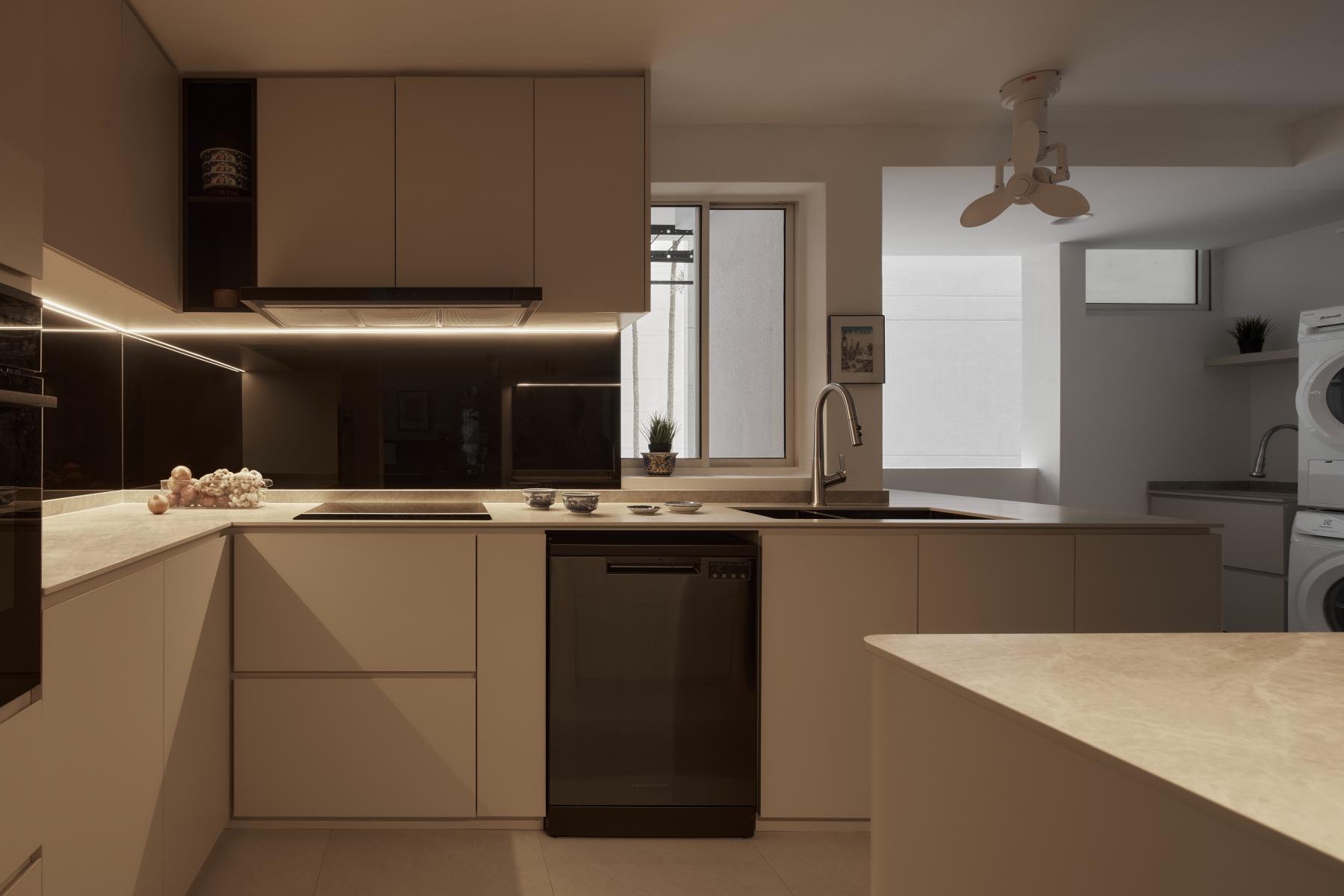 Asian Kitchen with Kitchen Island and Breakfast Counter