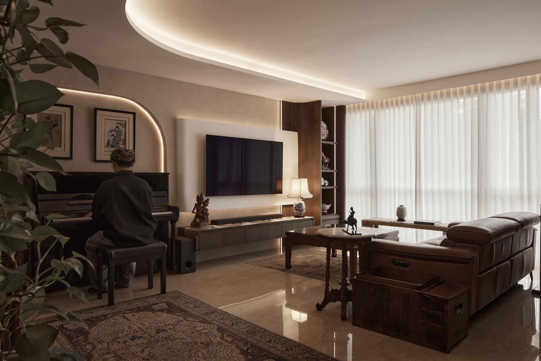 Asian Living Room with Carpet and Sofa