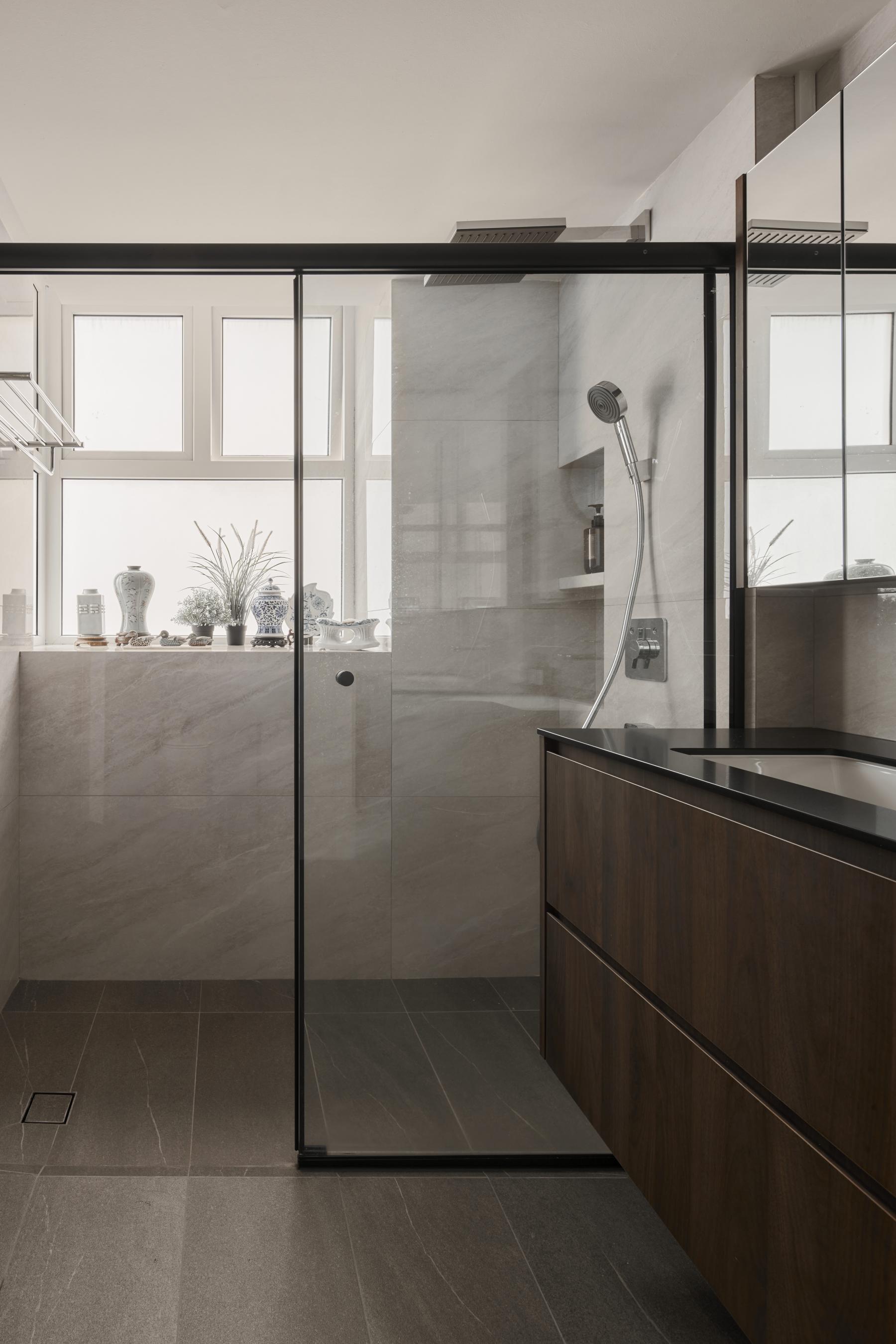 Asian Bathroom with Mirror and Rainshower