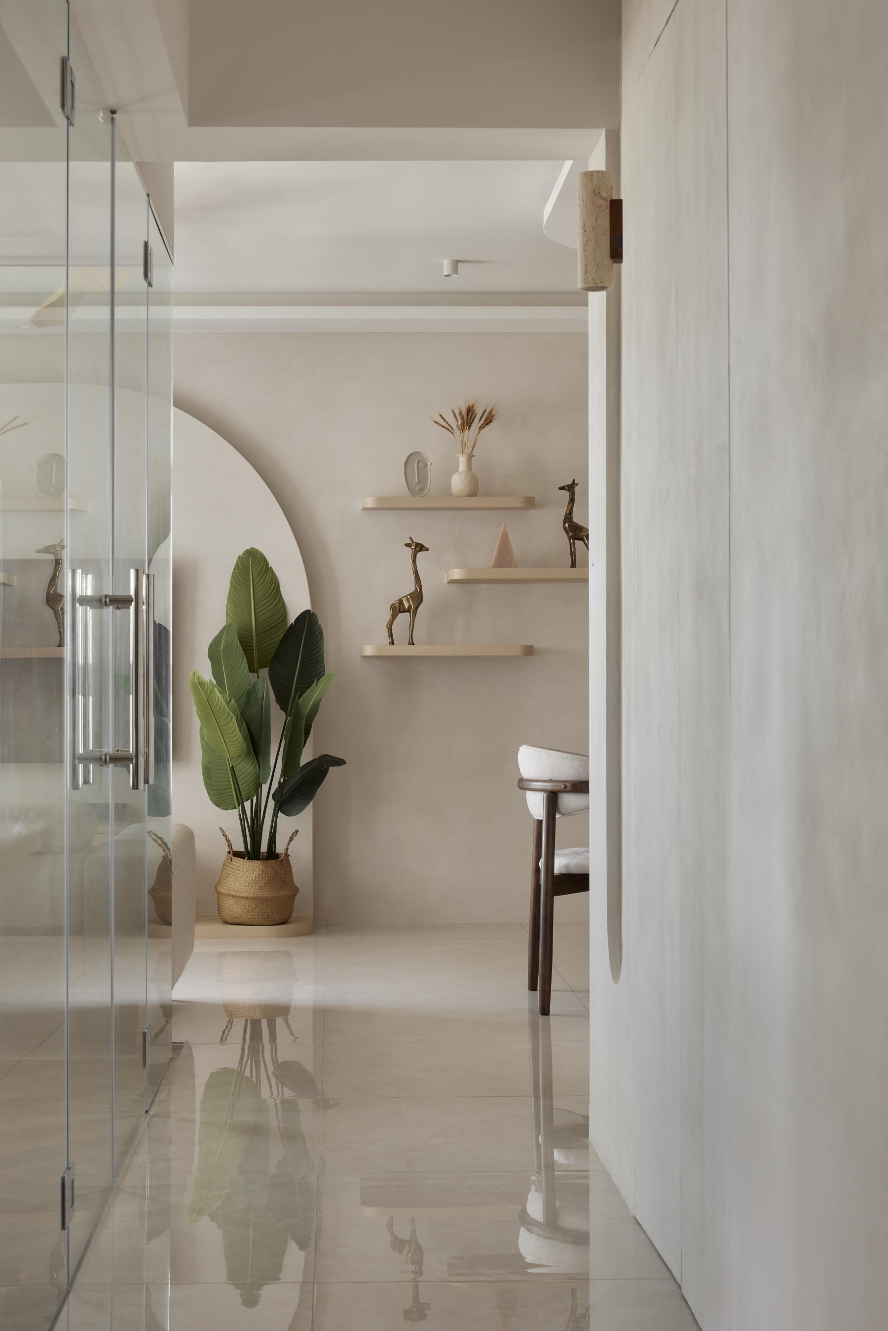 Scandinavian Hallway with Bookshelf and Artwork