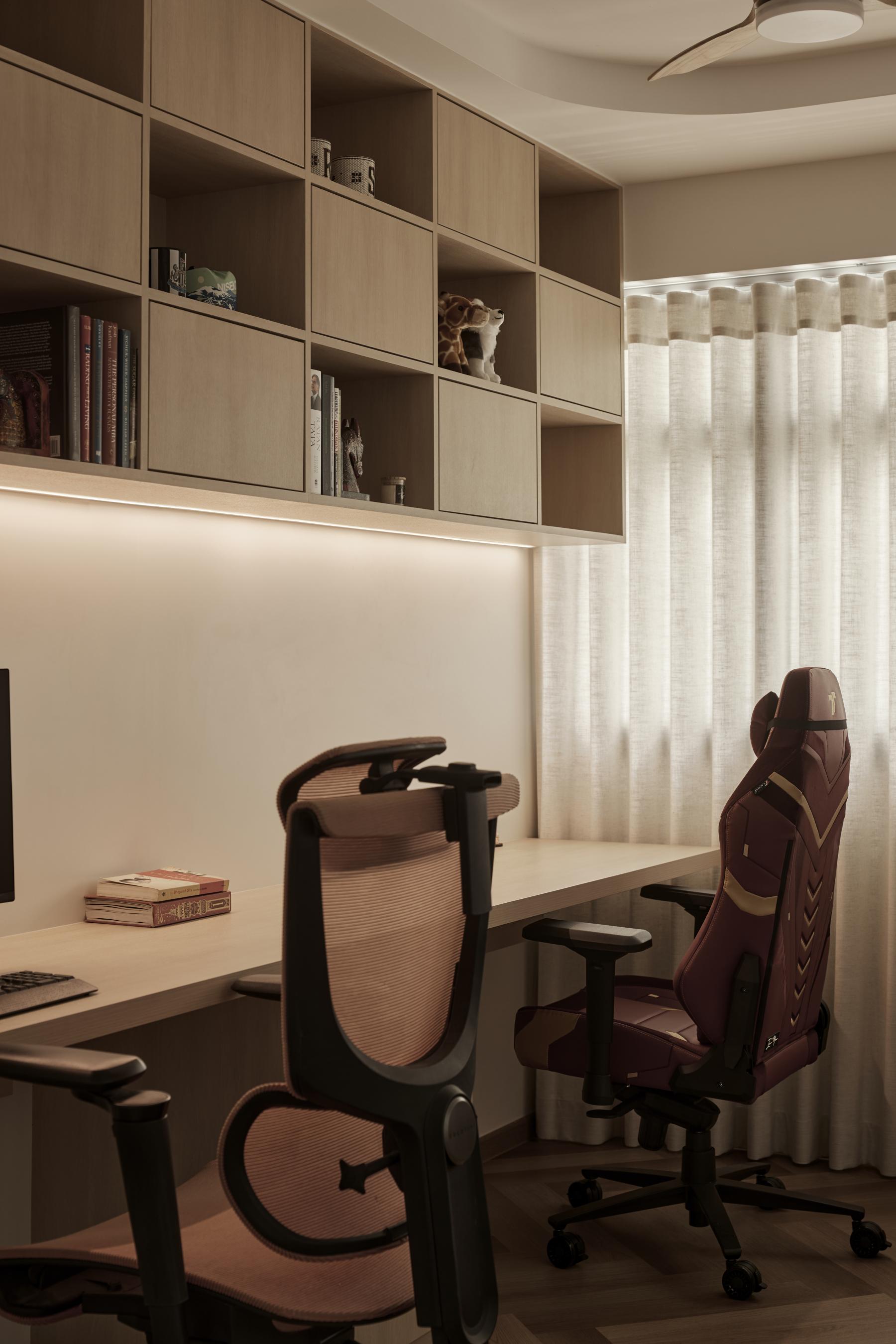 Scandinavian Office with Desk Chairs and Storage Cabinets