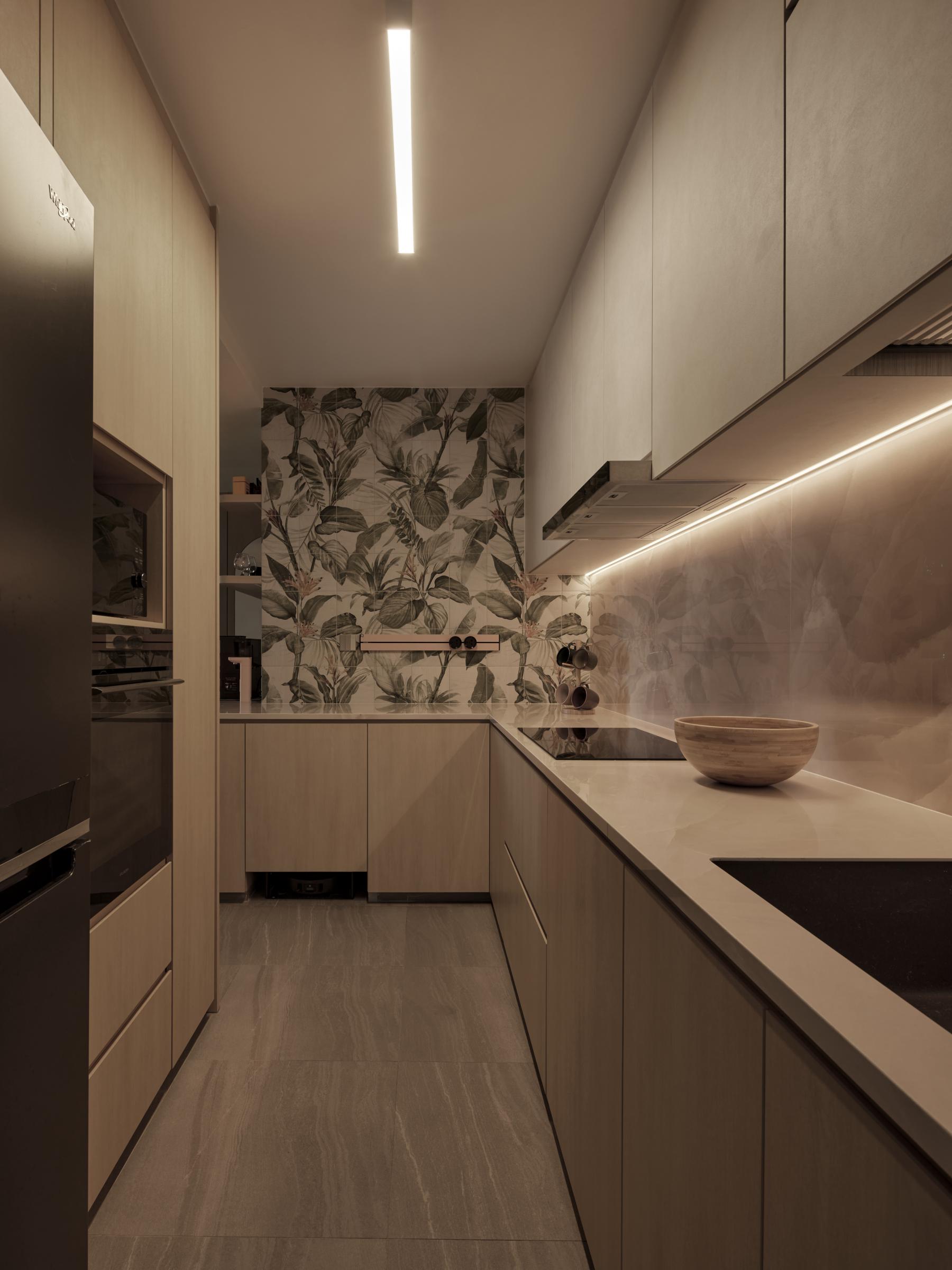 Scandinavian Kitchen with Countertop and Wood Flooring
