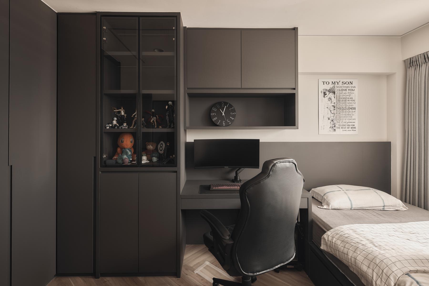Modern Bedroom with Display Cabinets and Single Bed