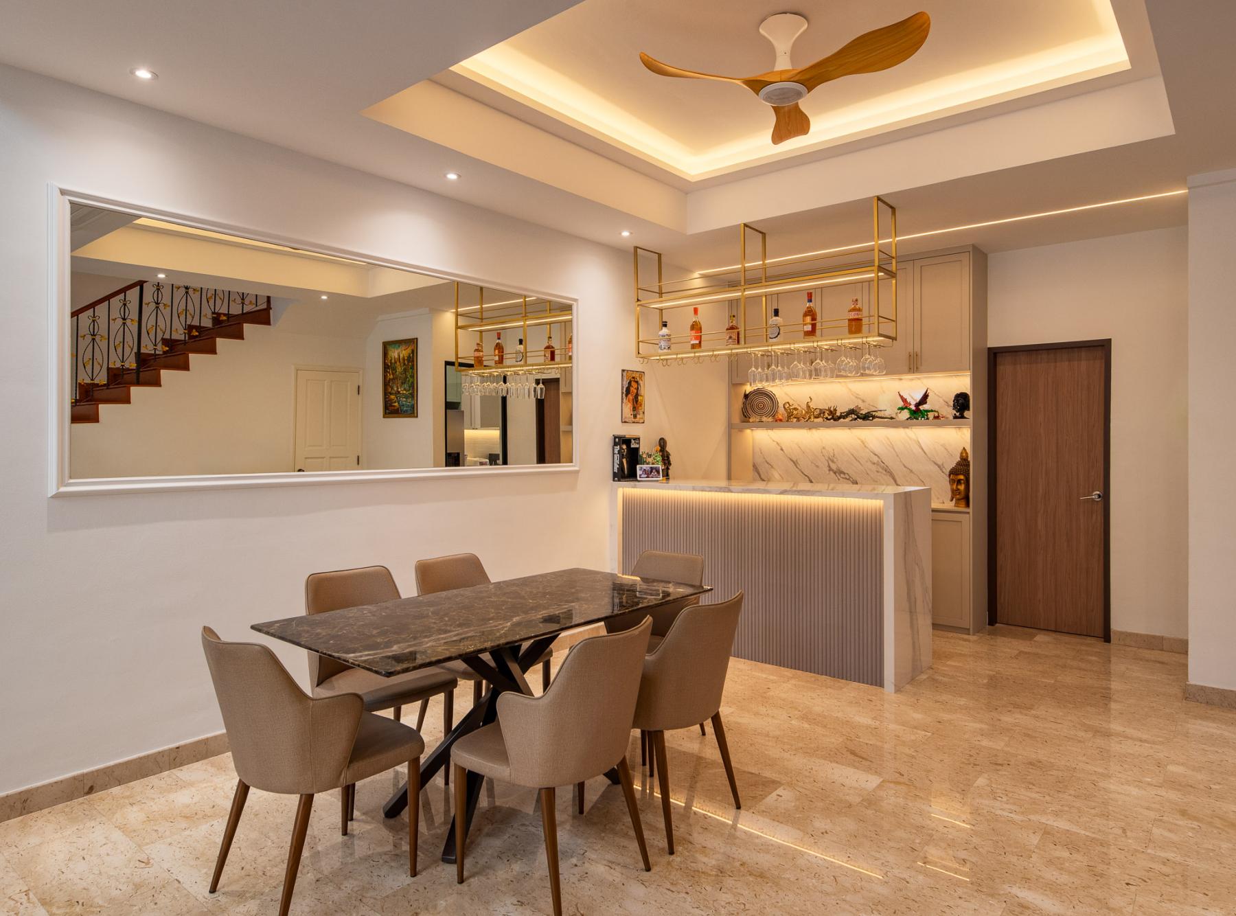 Country Dining Room with Mirror and Cove Lighting
