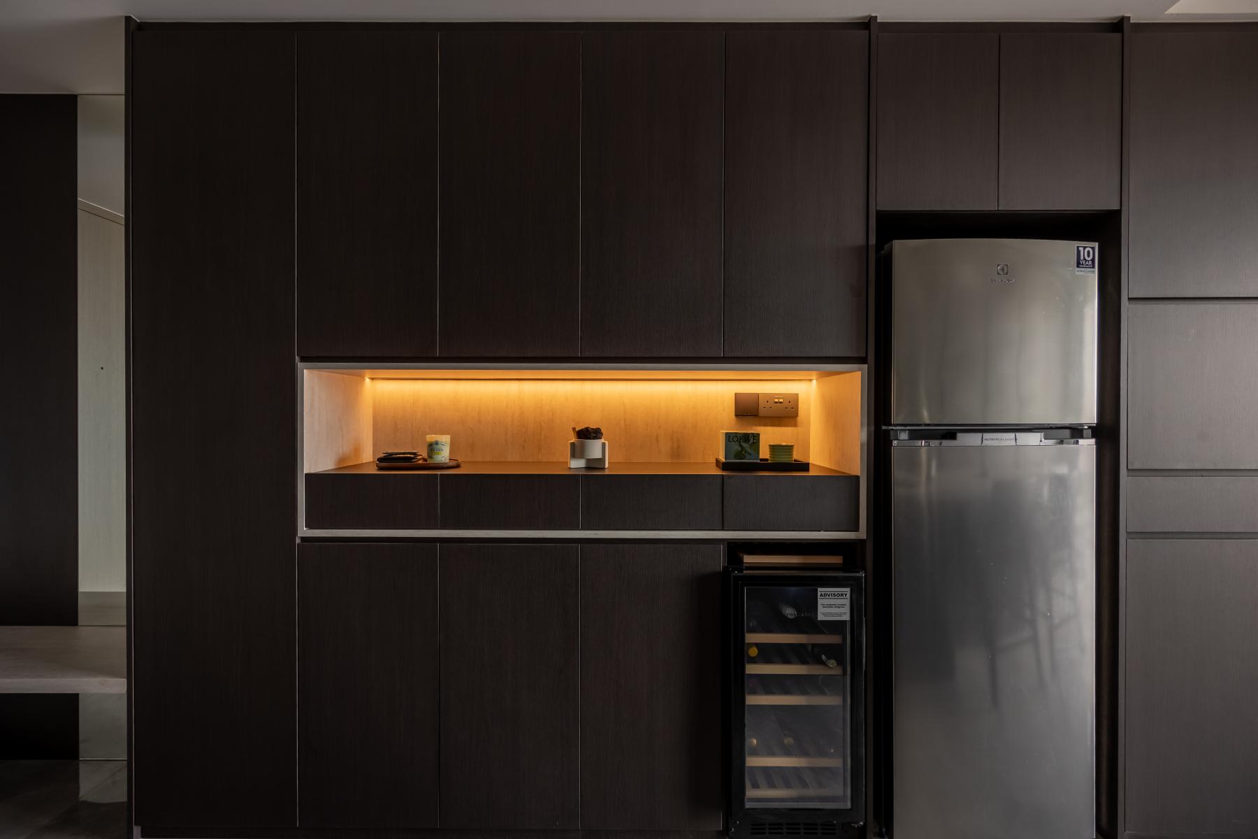 Contemporary Kitchen with Kitchen Cabinets and Refrigerator