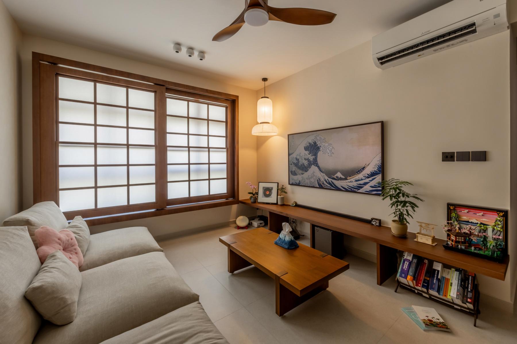 Contemporary Living Room with TV Console and Ceiling Fan