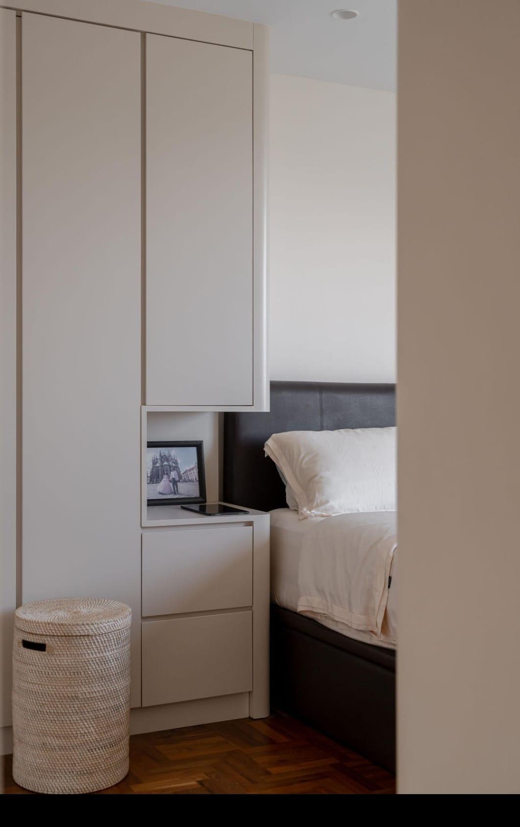 Contemporary Bedroom with Parquet Floor and Drop Ceiling