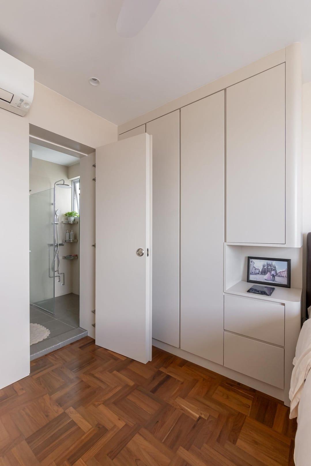 Contemporary Bedroom with Parquet Floor and Drop Ceiling