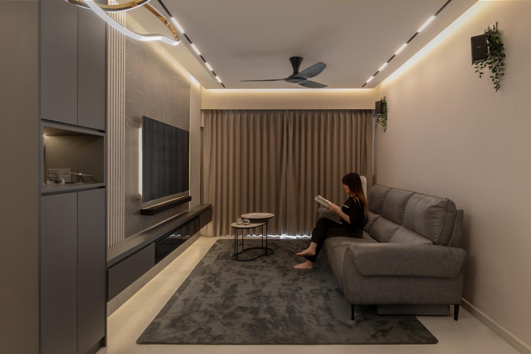Contemporary Living Room with TV Console and Feature Wall