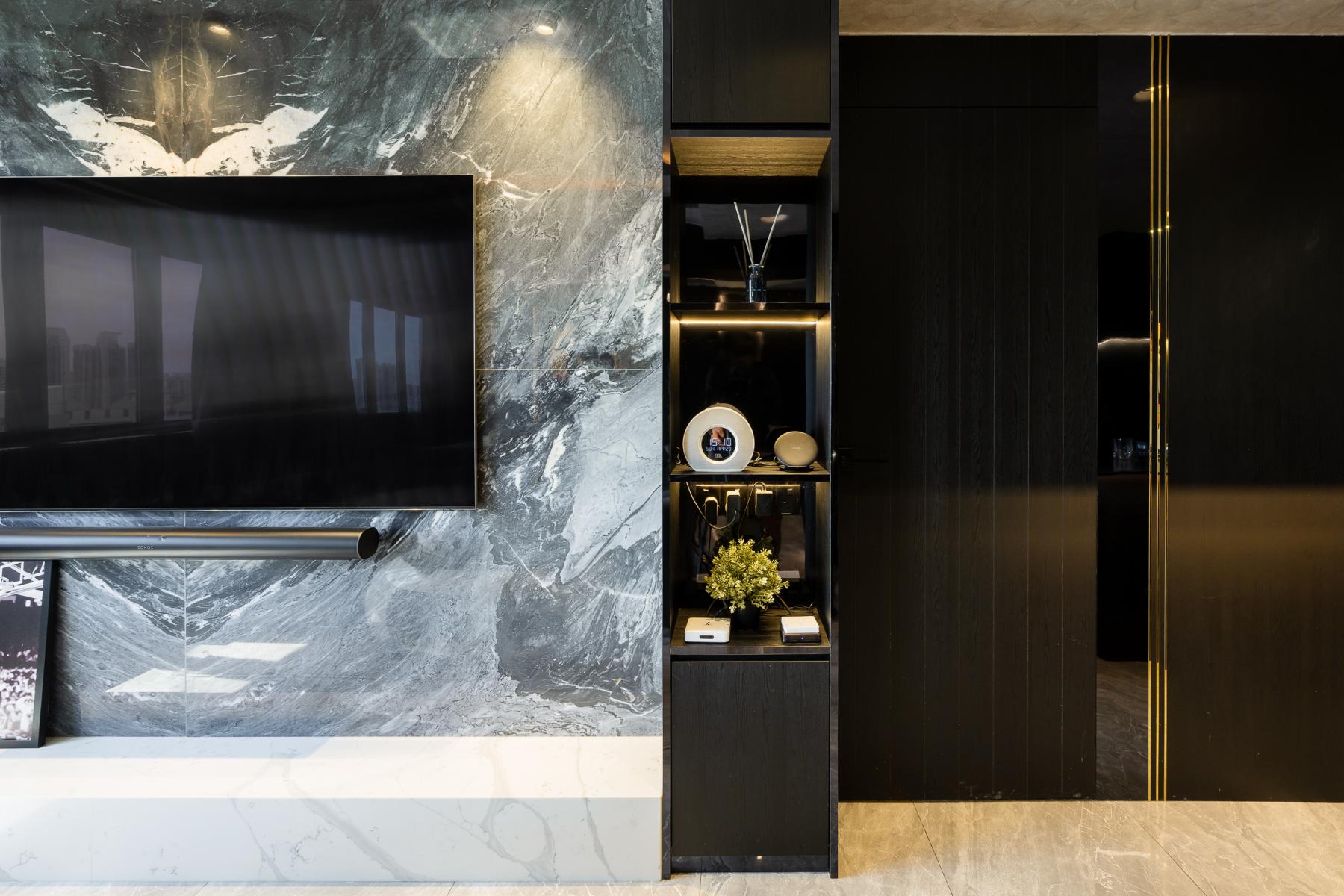 Modern Living Room with Homogeneous Tiles and TV Console