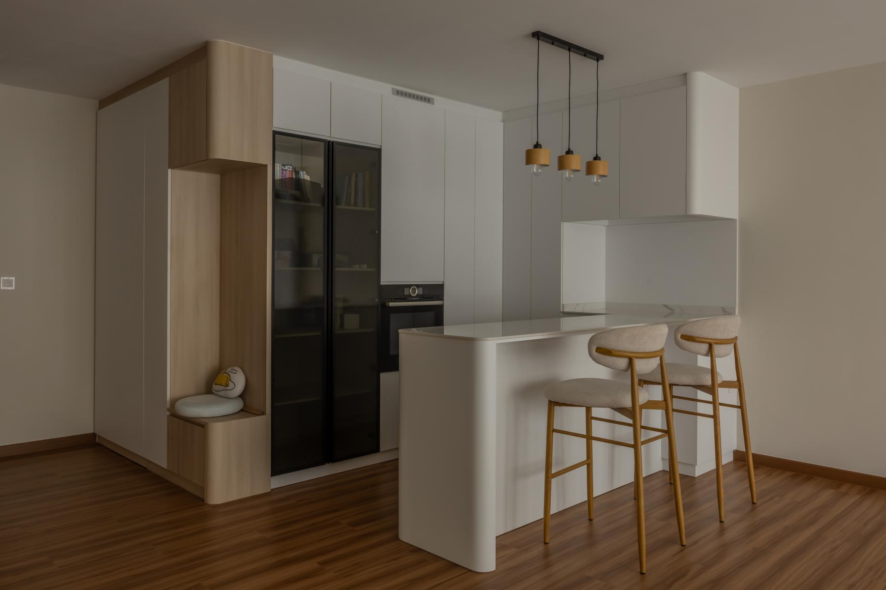 Minimalist Dining Room with Bar Counter and Display Cabinets