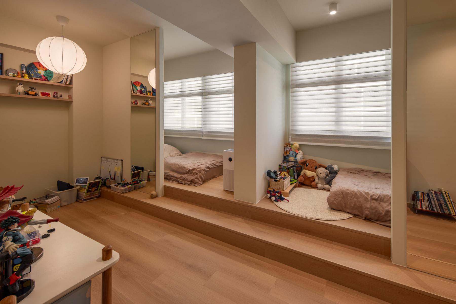 Scandinavian Bedroom with Platform Bed and Vinyl Flooring