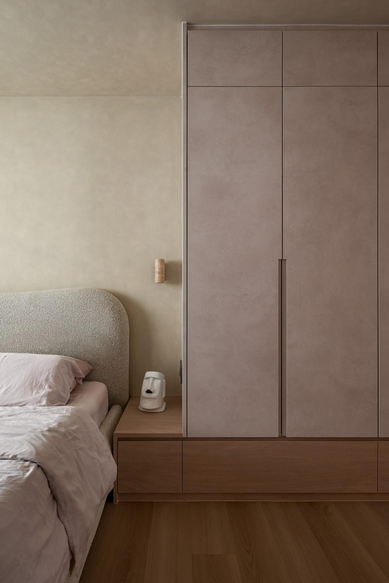 Scandinavian Bedroom with Vinyl Flooring and Feature Wall