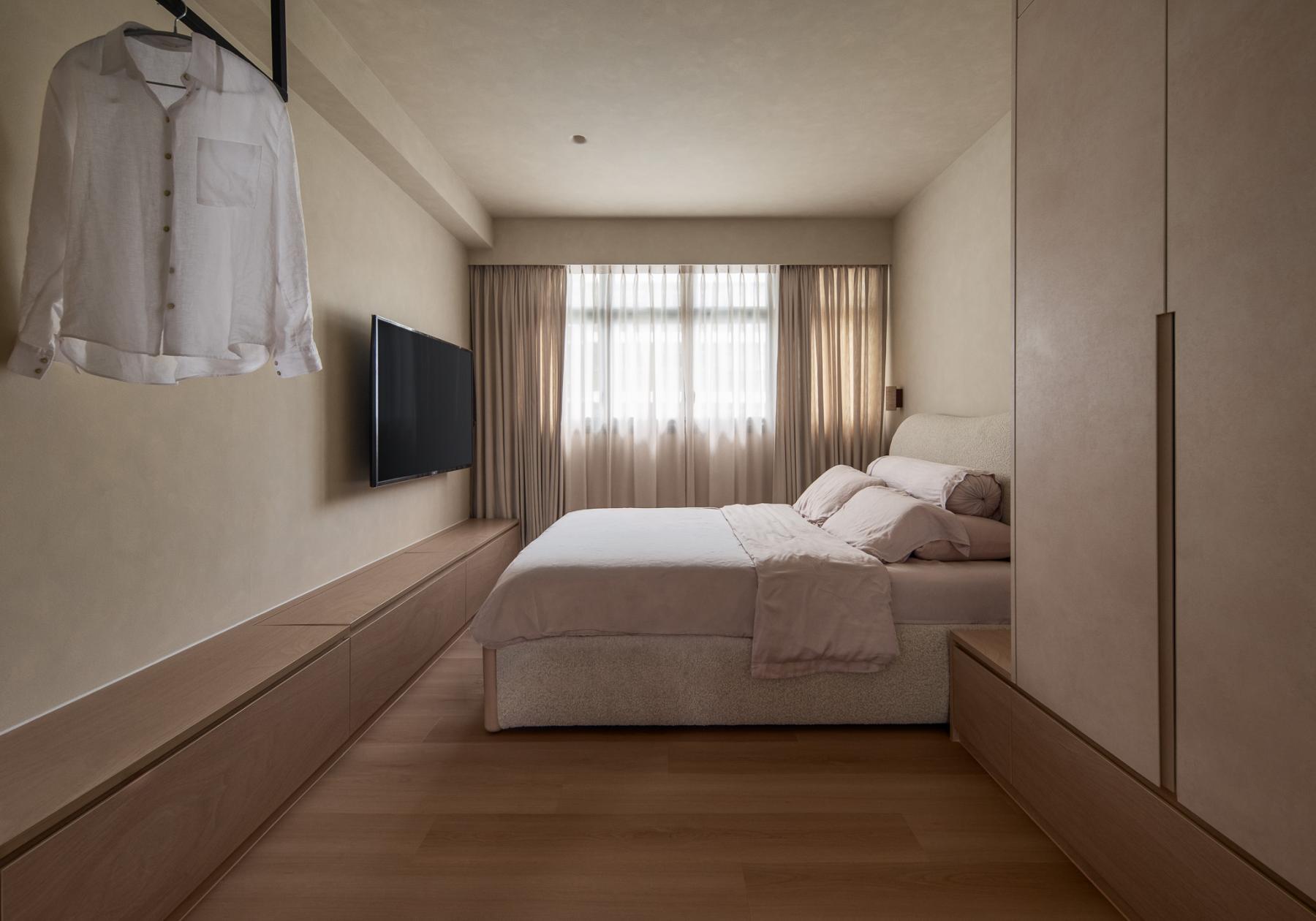 Scandinavian Bedroom with Vinyl Flooring and Feature Wall