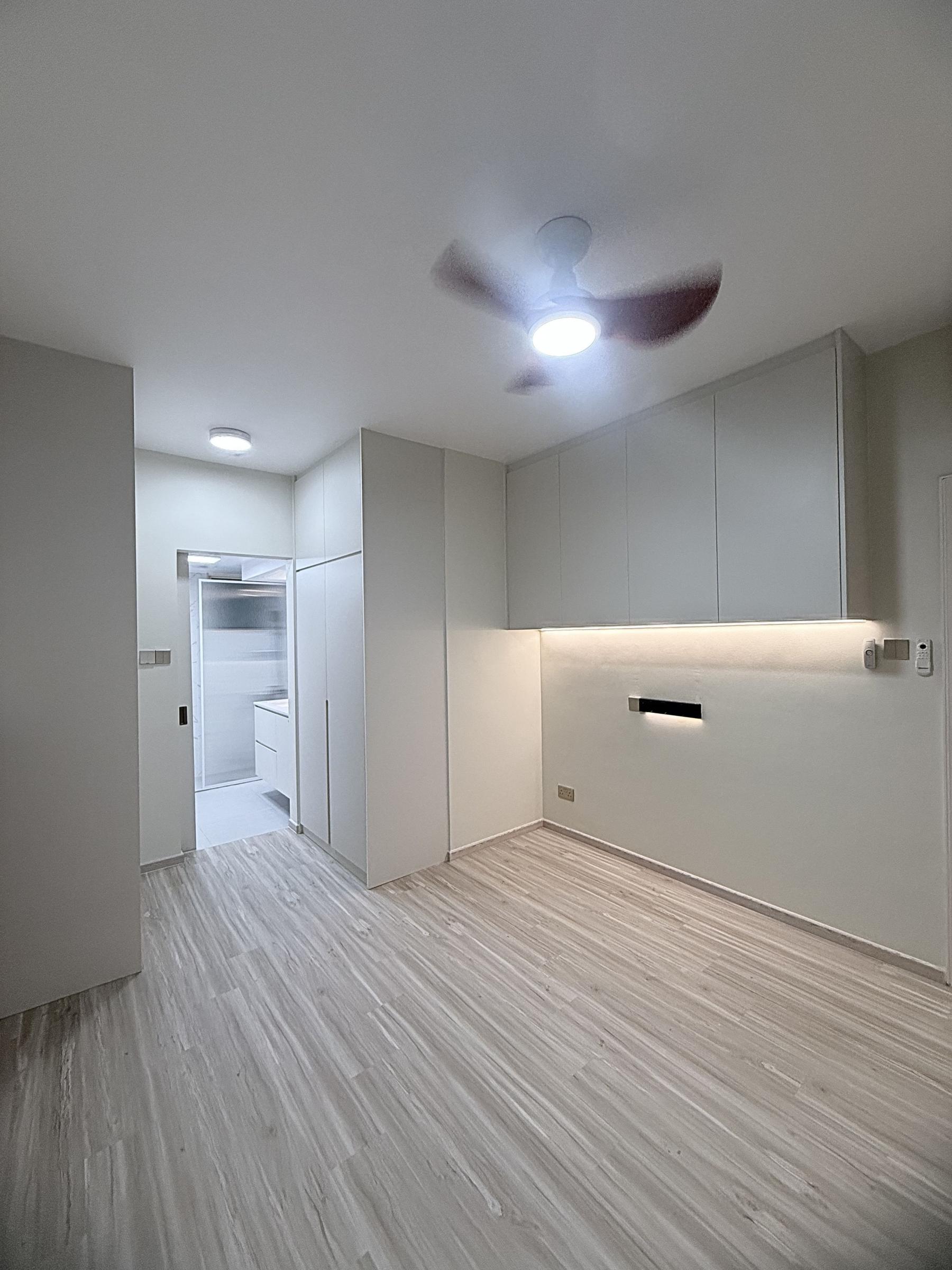 Modern Bedroom with Vinyl Flooring and Ceiling Light