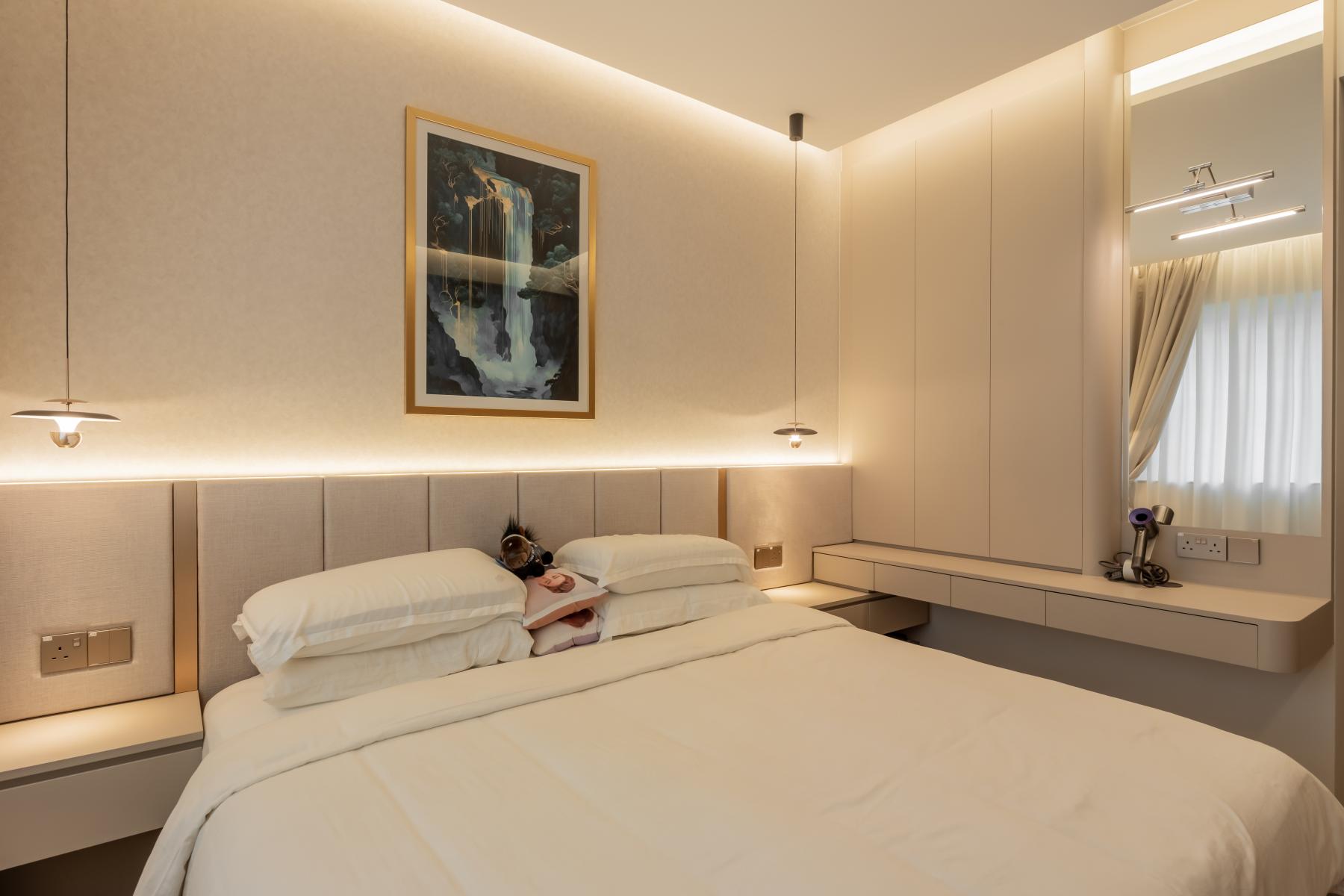 Contemporary Bedroom with Cove Lighting and Bedside Table