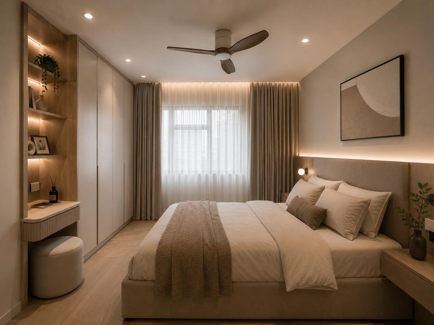 Scandinavian Bedroom with Vinyl Flooring and Bedroom Dresser