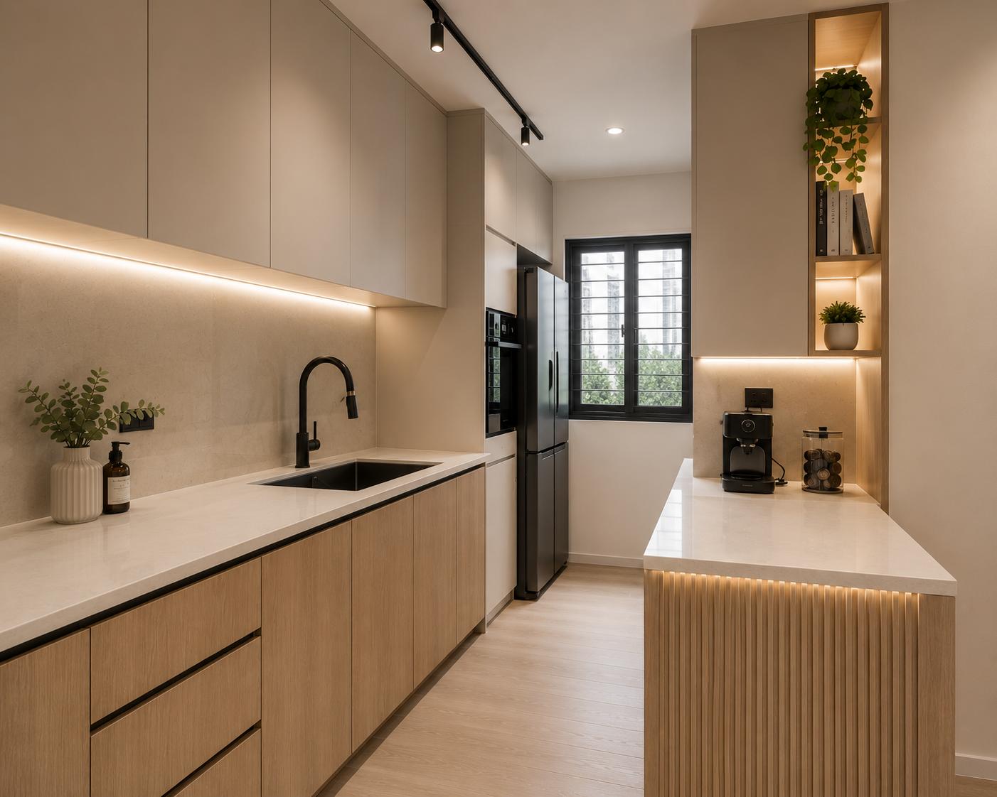 Scandinavian Kitchen with Countertop and Vinyl Flooring
