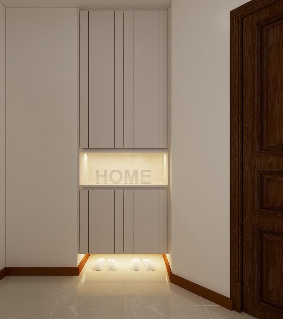 Modern Foyer with Homogeneous Tiles and Storage Cabinets