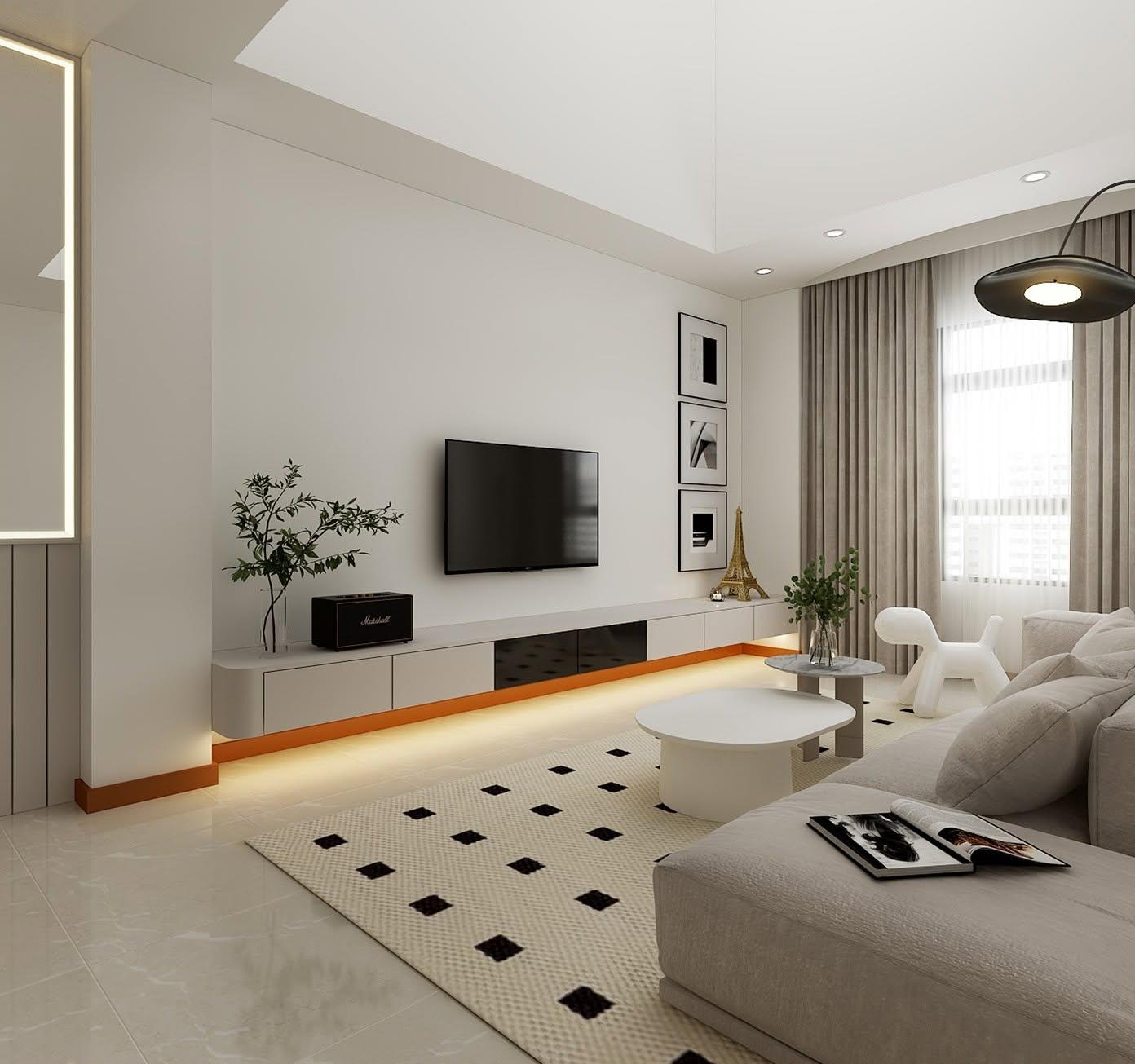 Modern Living Room with Homogeneous Tiles and Marble Floor