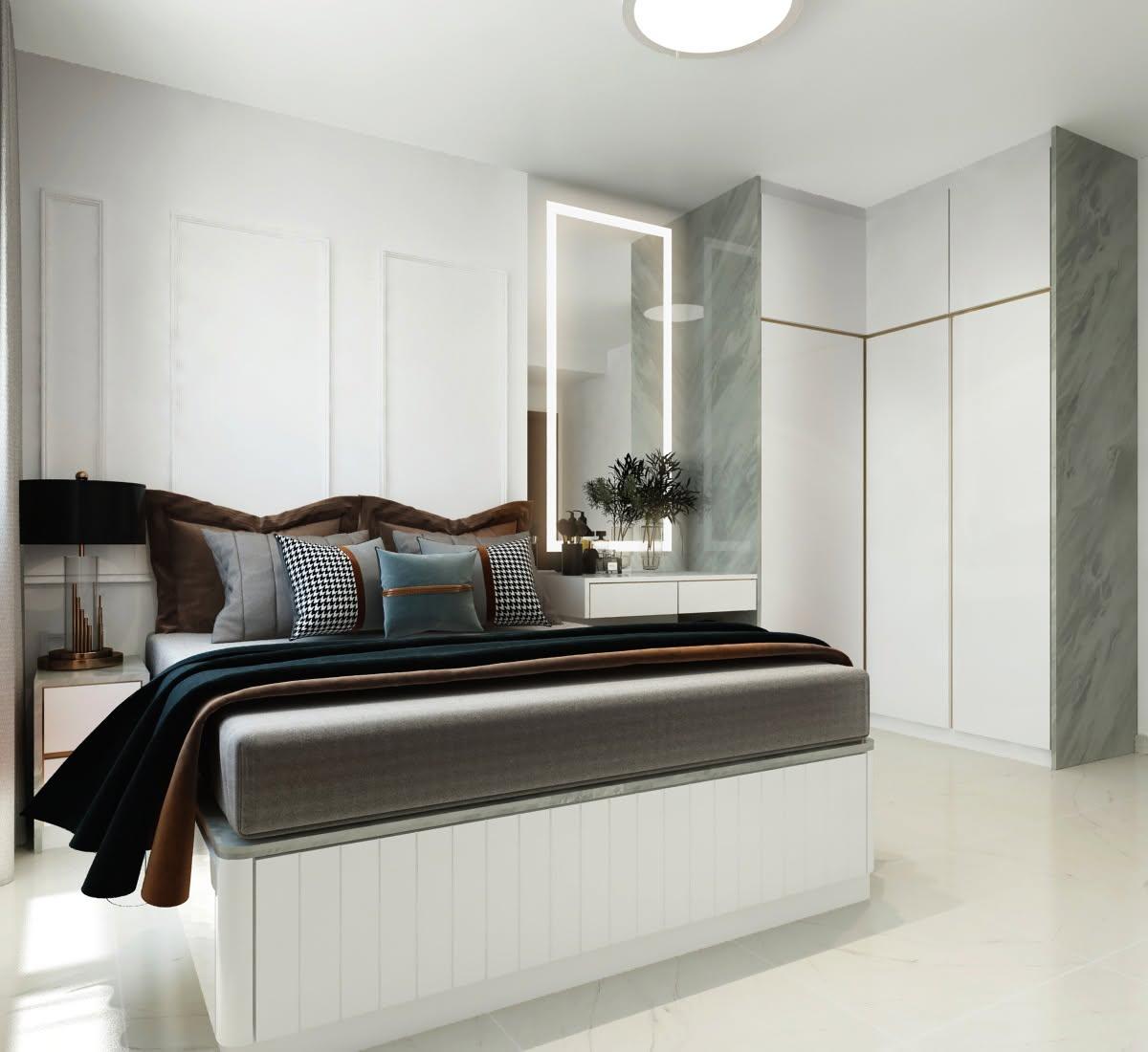 Contemporary Bedroom with Platform Bed and Homogeneous Tiles