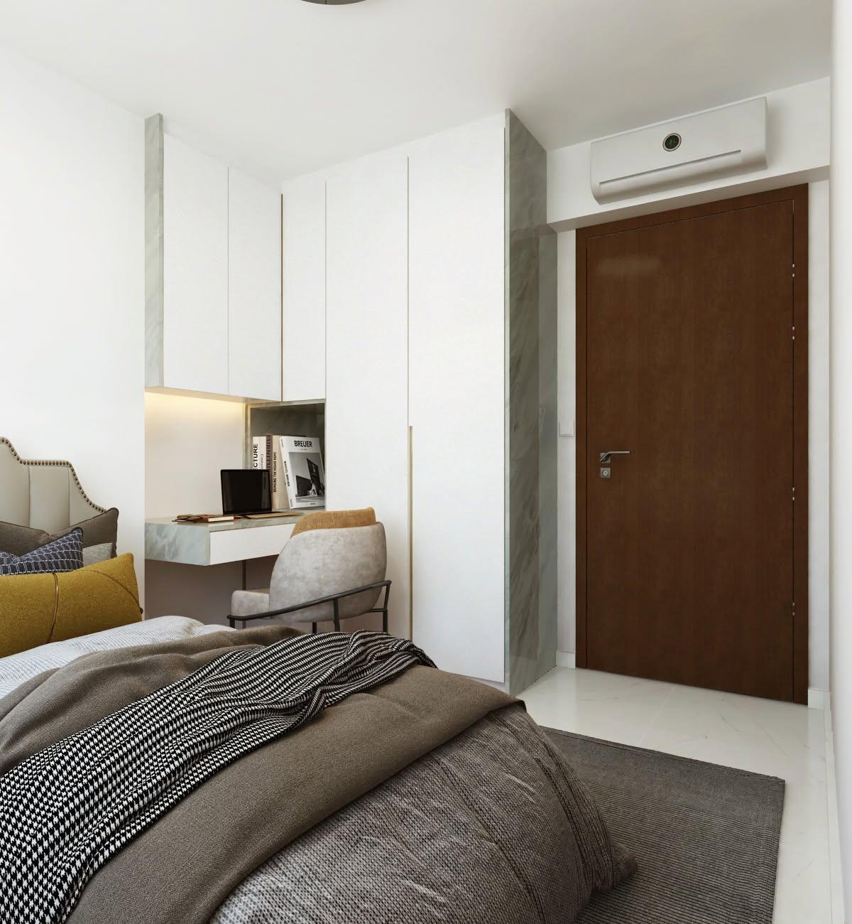 Contemporary Bedroom with Homogeneous Tiles and Marble Floor