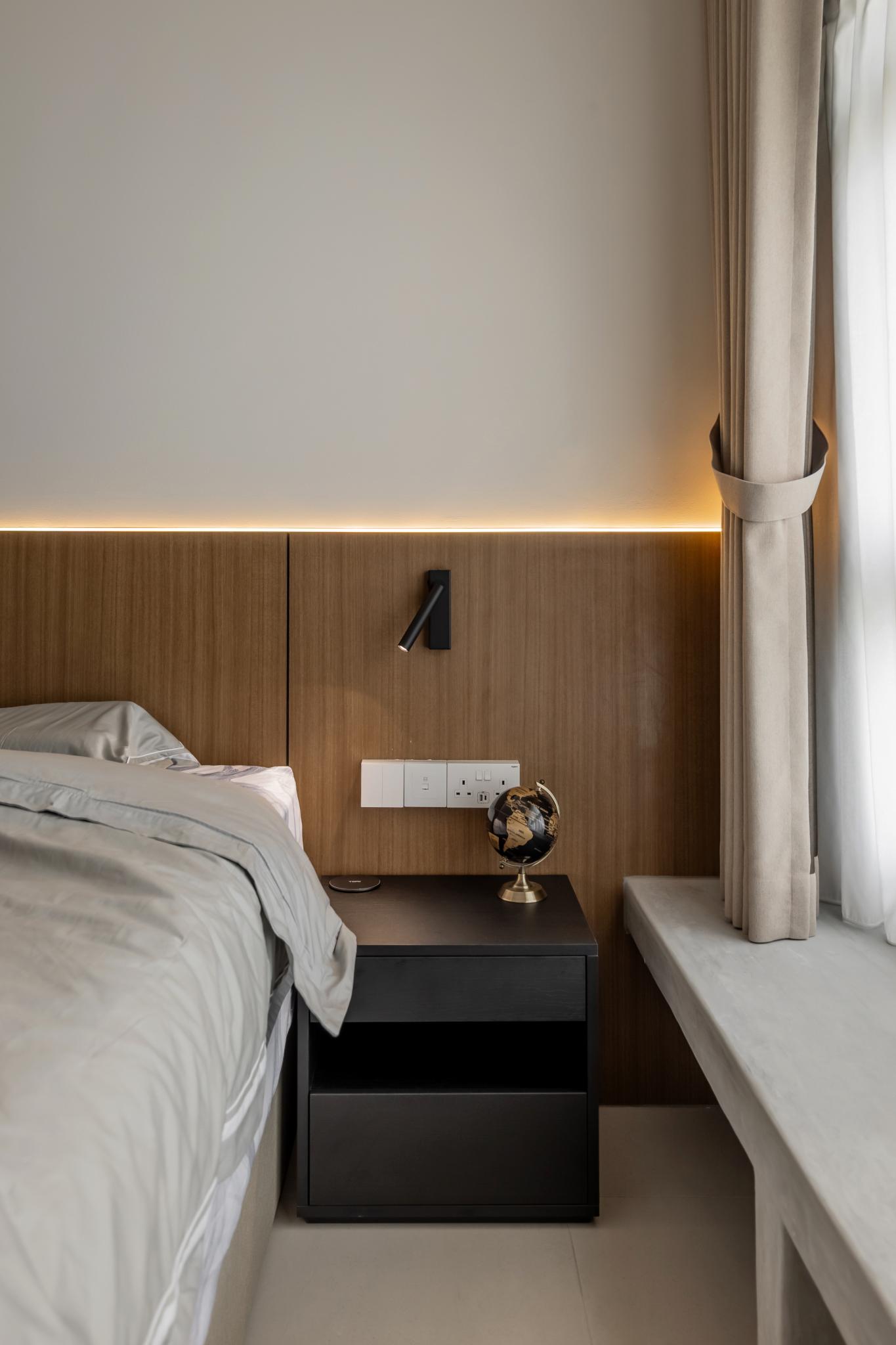 Scandinavian Bedroom with Bay Window and Bedside Table