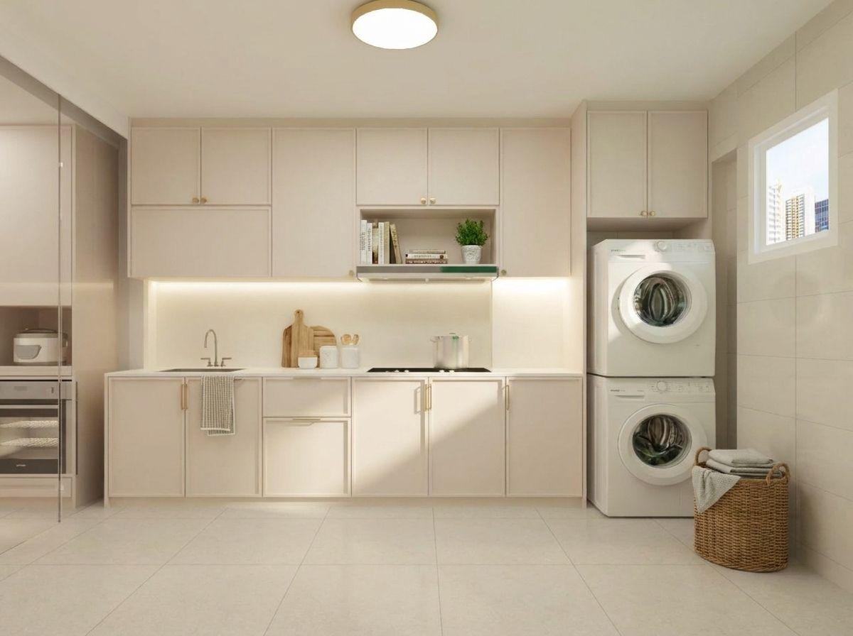 Modern Kitchen with Countertop and Homogeneous Tiles